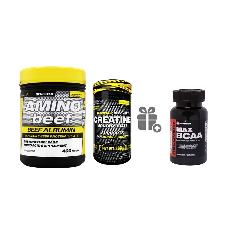 آمینو بیف ژن استار 400عددی+کراتین ژن استار 300 گرم +هدیه bcaa مکس ماسل