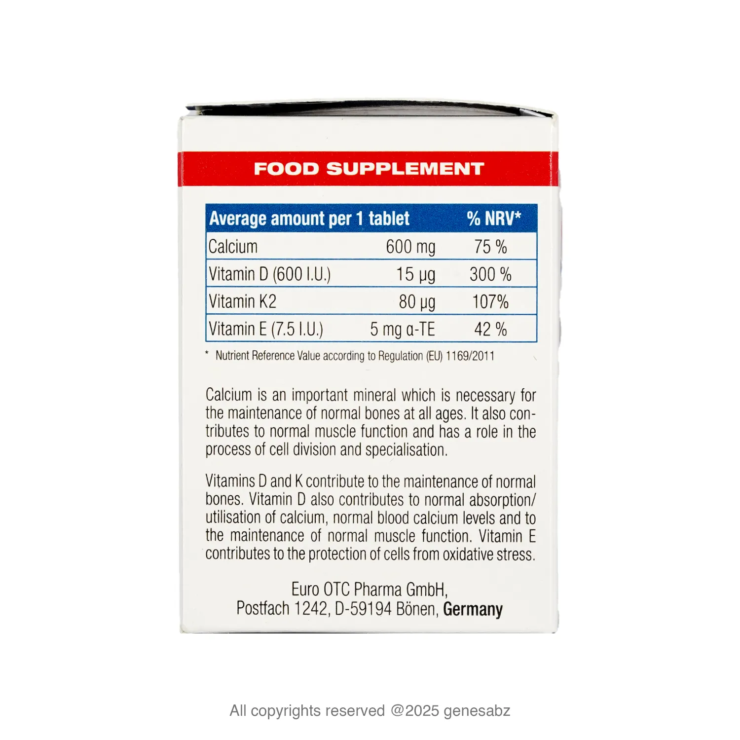 قرص کلسیم و ویتامین D3 یوروویتال 1