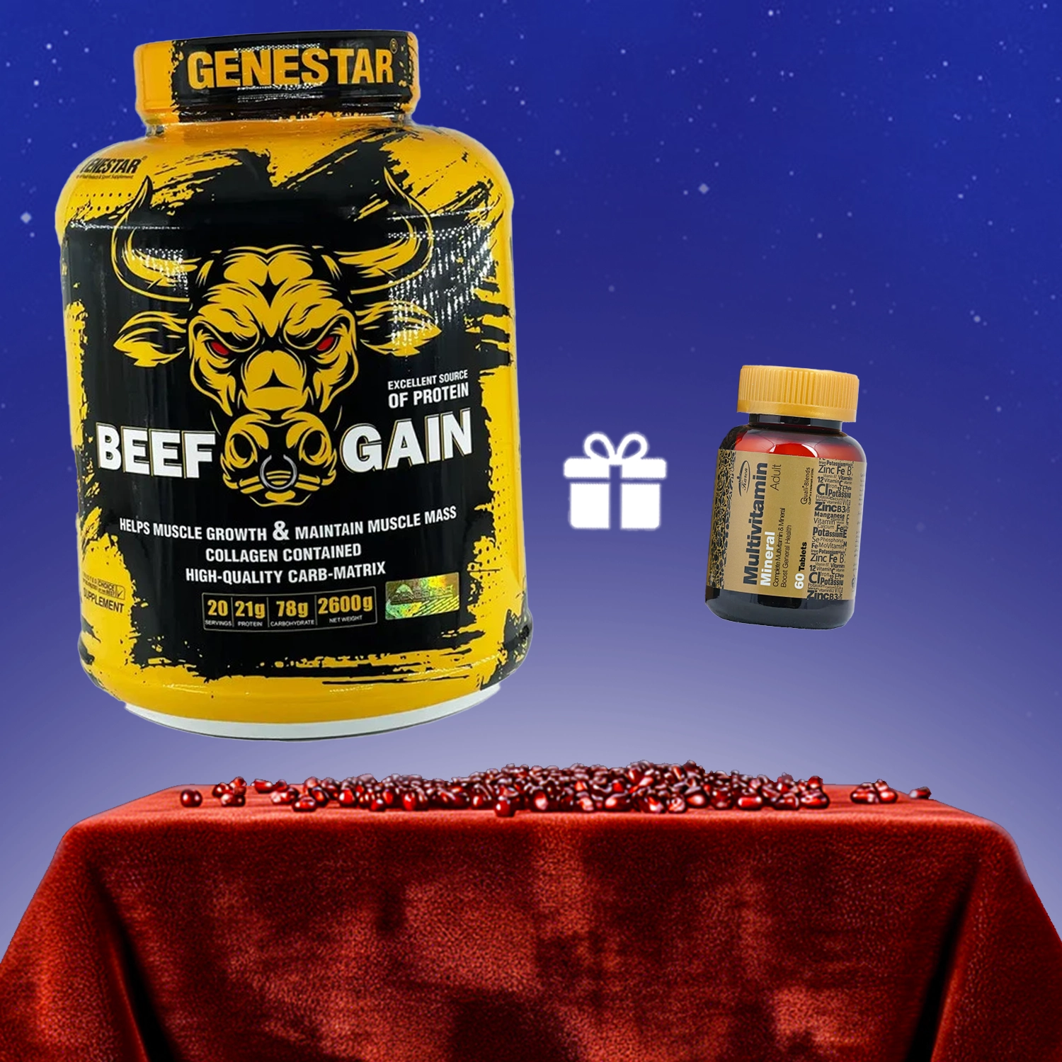 پودر گین بیف ژن استار وزن 2600 گرم + هدیه: قرص مولتی ویتامین مینرال کارن