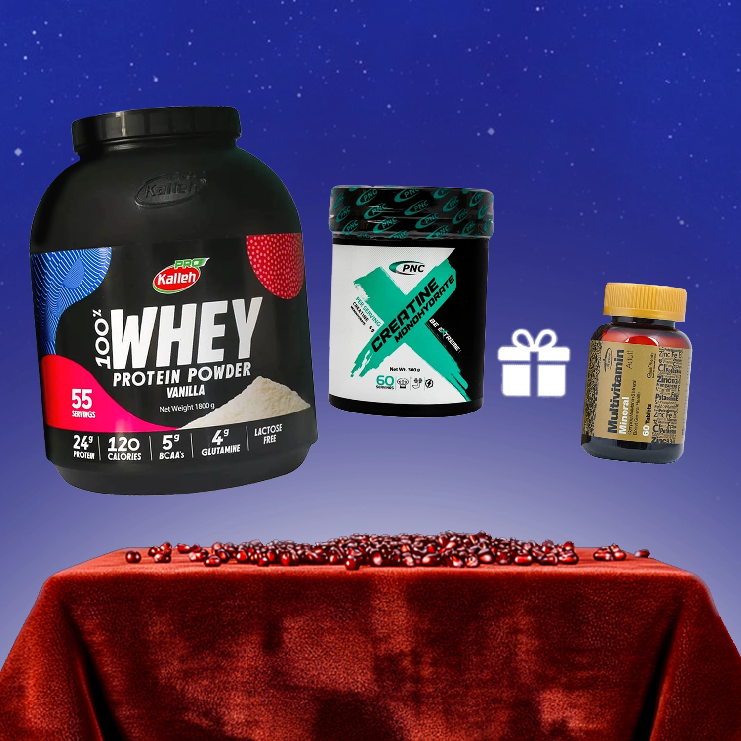 پودر پروتئین وی کاله وزن 1800 گرم + پودر کراتین مونوهیدرات کارن وزن 300 گرم + هدیه: قرص مولتی ویتامین مینرال کارن