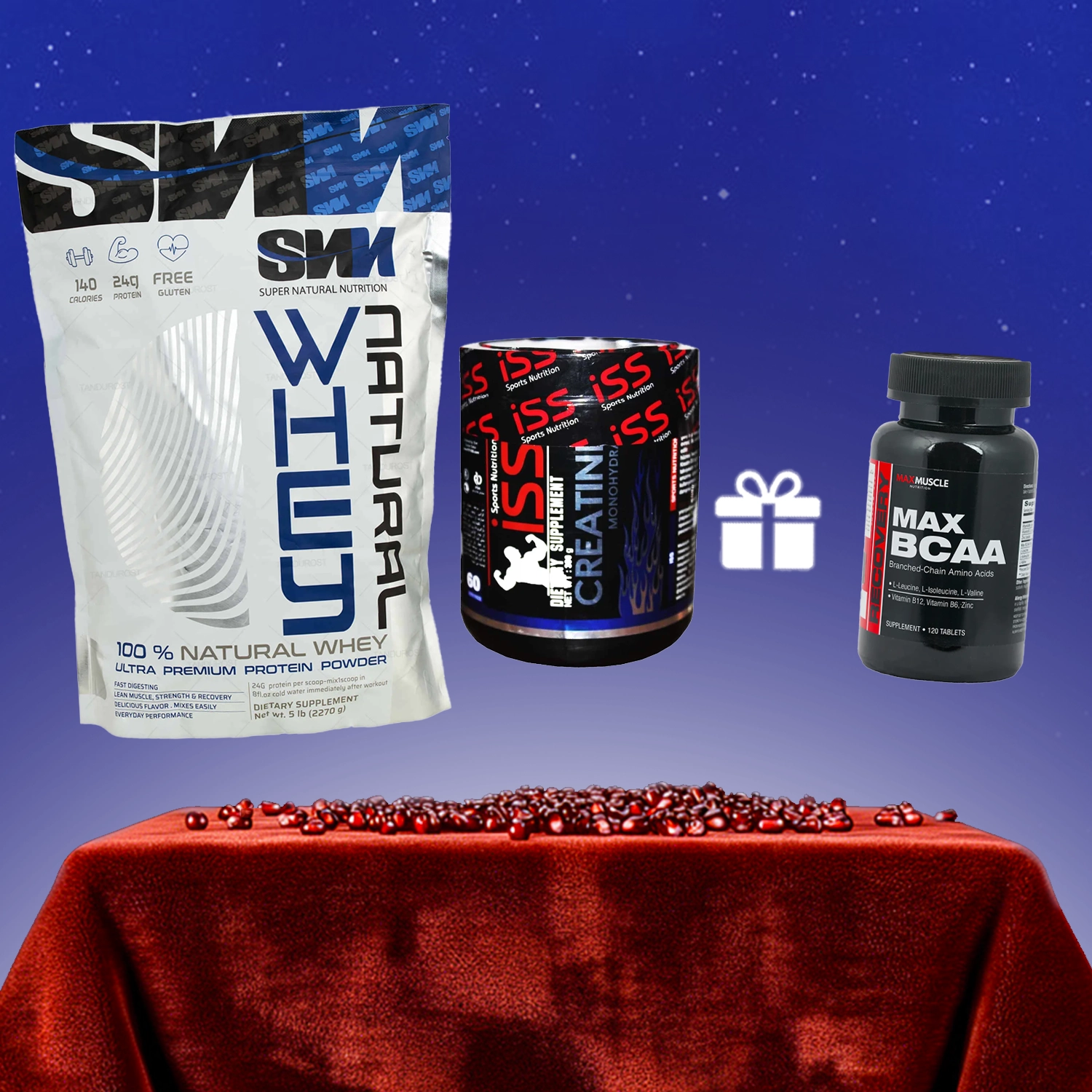 وی کیسه ای 2270 گرمی اس ان ان + پودر کراتین مونوهیدرات آی اس اس + هدیه: قرص مکس بی سی ای ای مکس ماسل