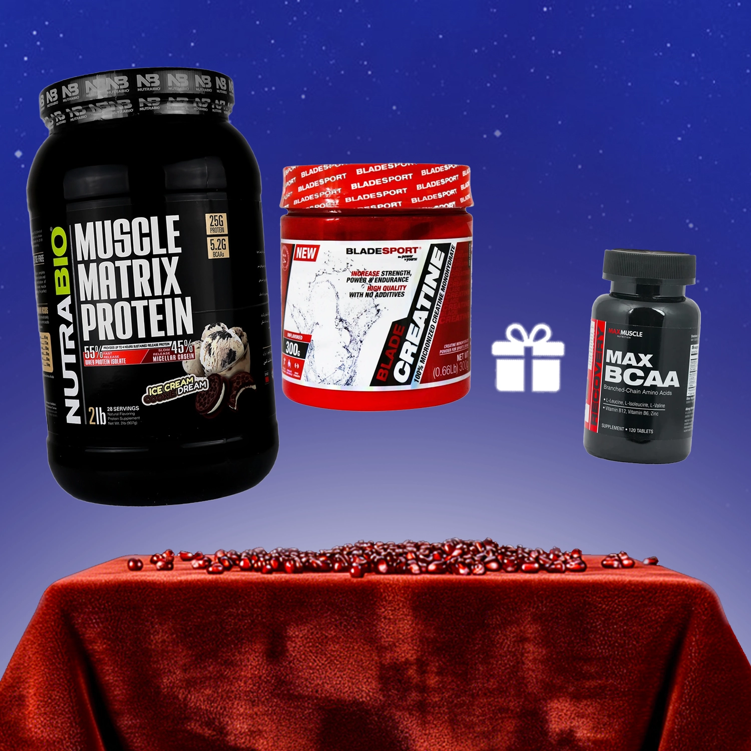 پروتئین ماسل ماتریکس 907 گرم نوترابایو کوکی بستنی + پودر کراتین بلید اسپرت + هدیه: قرص مکس بی سی ای ای مکس ماسل