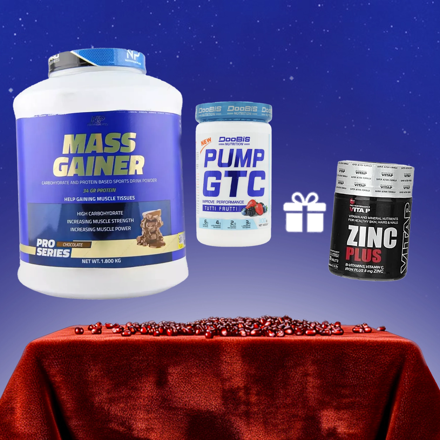 مس گینر پرو نوتریشن پلاس 1800 گرم + پودر پمپ جی تی سی + هدیه: قرص زینک پلاس ویتاپی