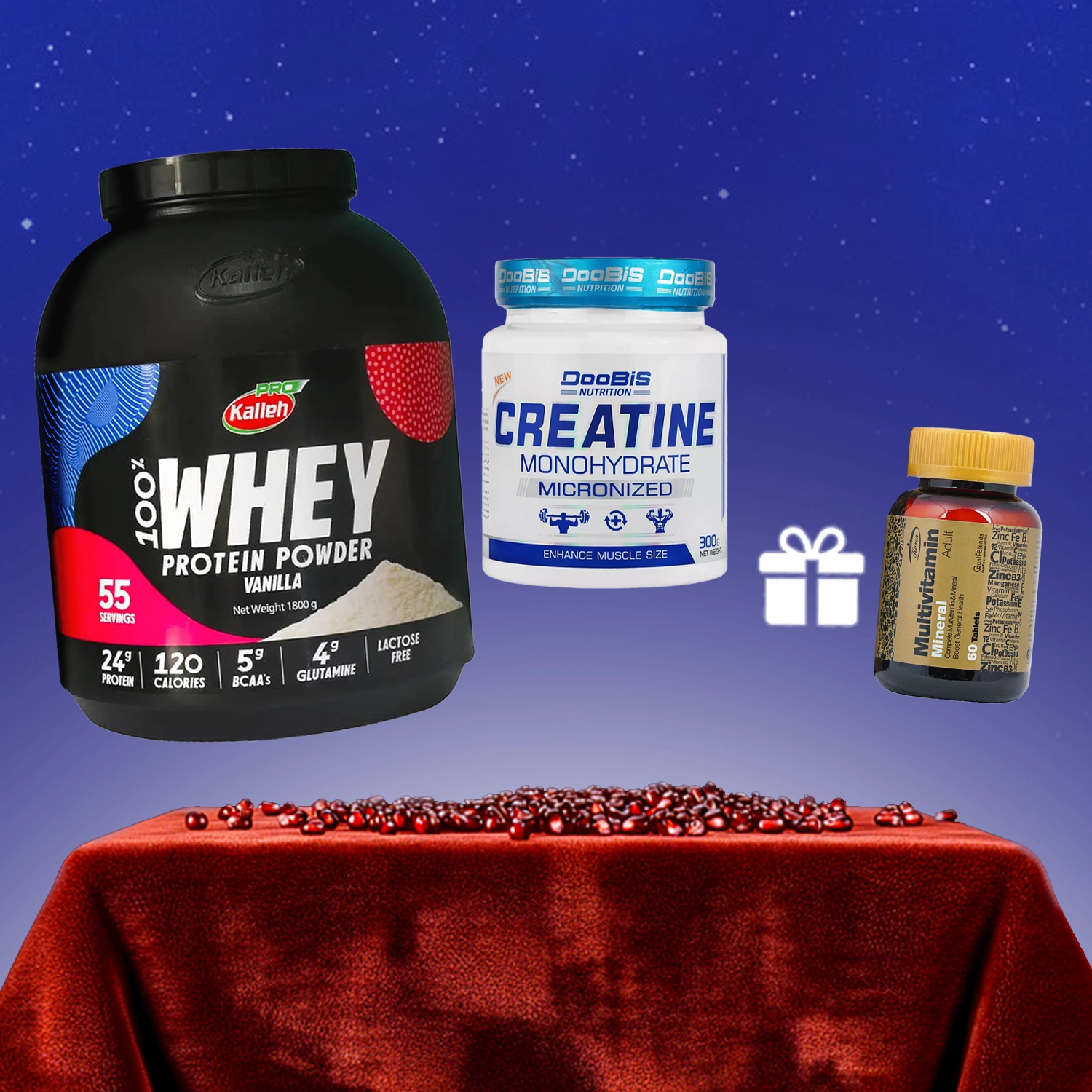پودر پروتئین وی کاله 1800 گرم + پودر کراتین مونوهیدرات 100% دوبیس + هدیه: قرص مولتی ویتامین مینرال کارن 