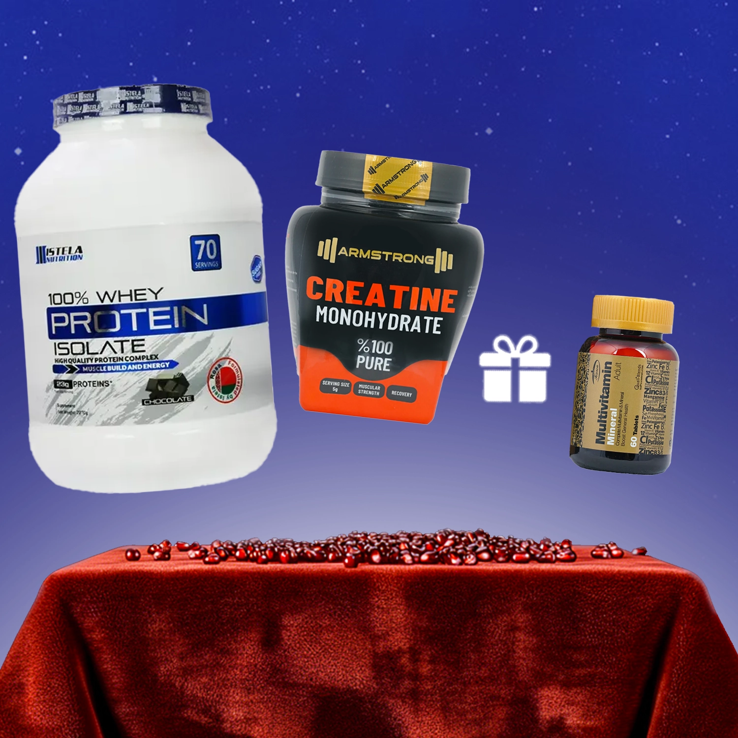 پودر وی پروتئین ایزوله 100 درصد استلا نوتریشن + کراتین مونوهیدرات آرمسترانگ + هدیه: قرص مولتی ویتامین مینرال کارن