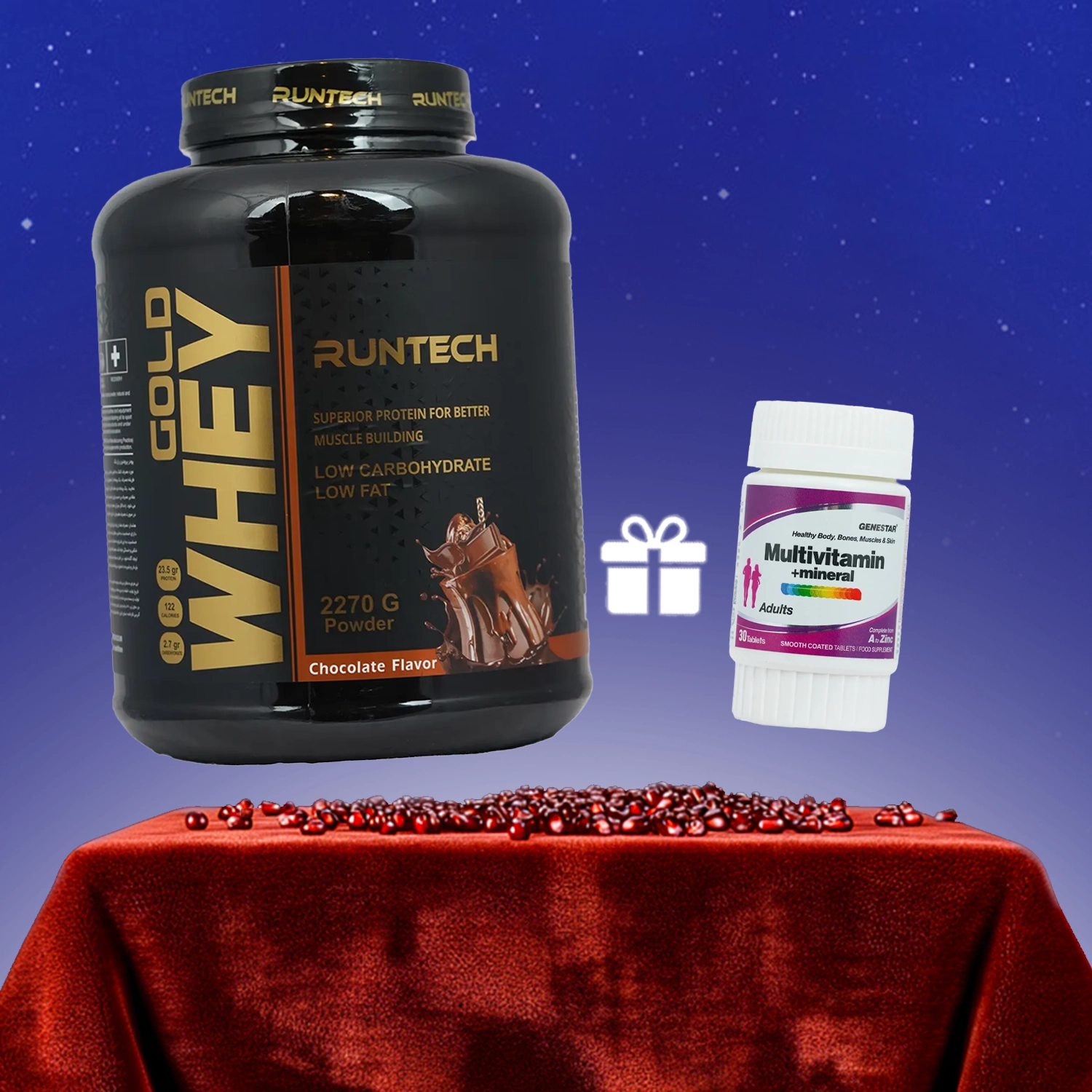 پودر پروتئین وی گلد رانتک 2270 گرم شکلاتی + هدیه: قرص مولتی ویتامین مینرال ژن استار