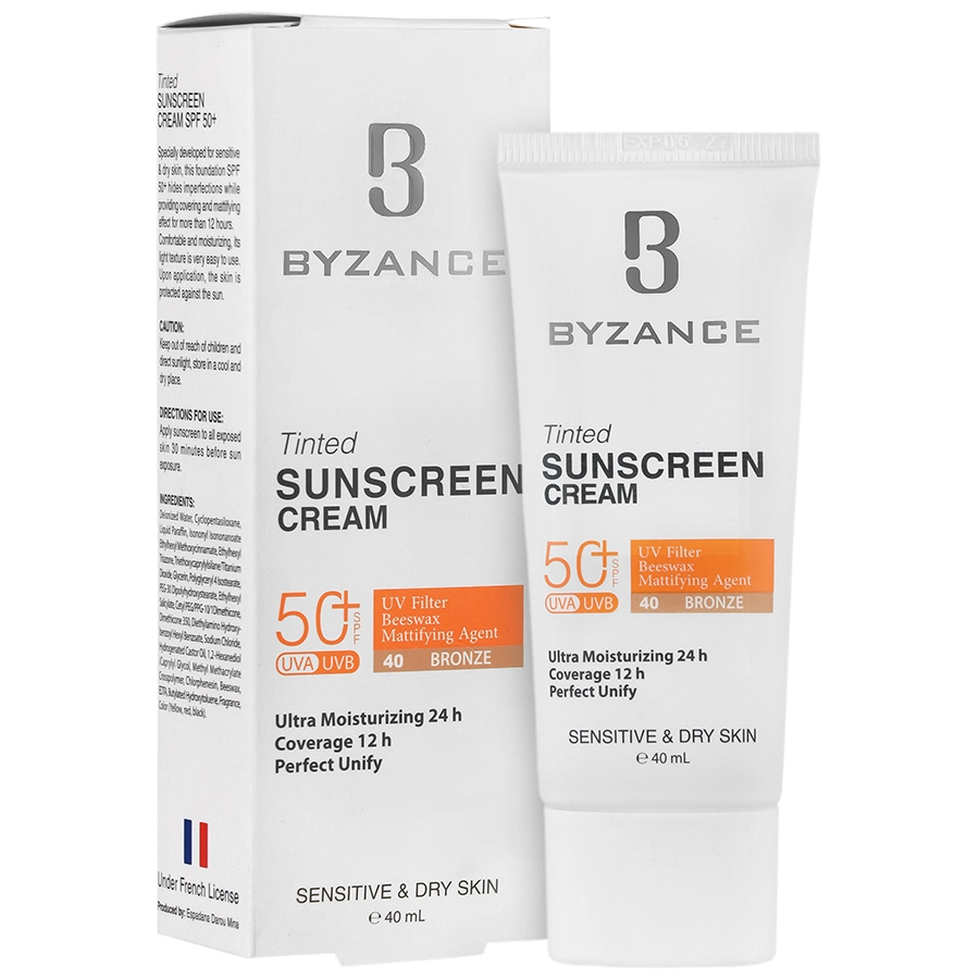 کرم ضد آفتاب رنگی بیزانس SPF50 مناسب پوست خشک حجم 40 میلی لیتر