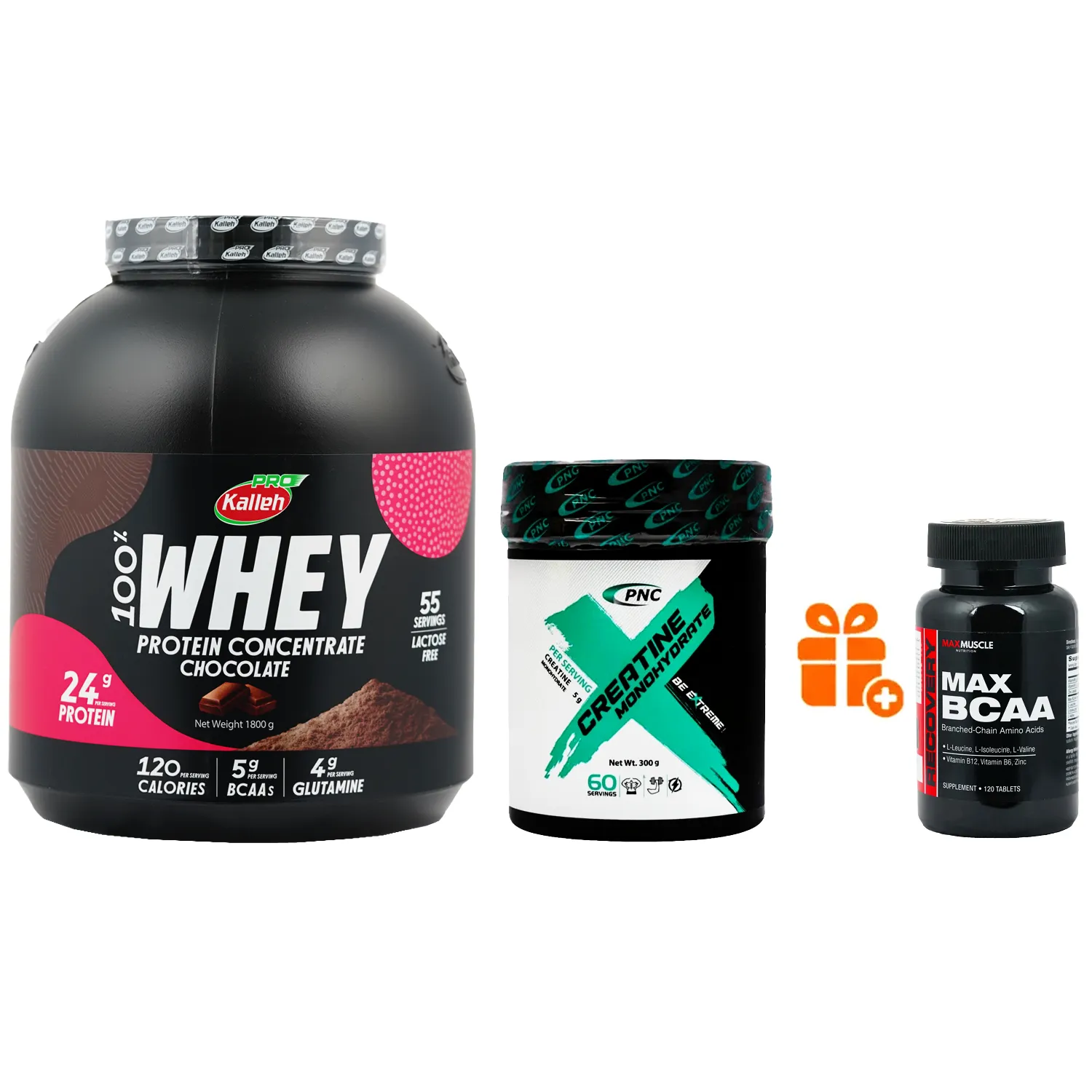 پودر پروتئین وی کاله 1800 گرم + پودر کراتین مونوهیدرات کارن 300 گرم + هدیه: قرص مکس بی سی ای ای BCAA مکس ماسل 120 عددی