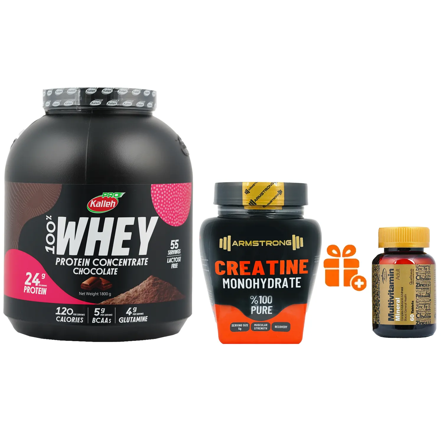 پودر پروتئین وی کاله 1800 گرم + کراتین مونوهیدرات آرمسترانگ 500 گرم + هدیه: قرص مولتی ویتامین مینرال کارن 60 عددی