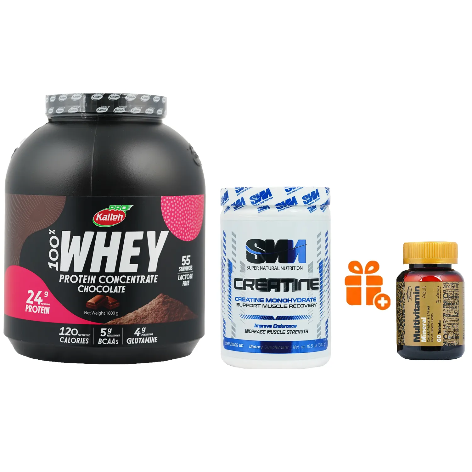 پودر پروتئین وی کاله وزن 1800 گرم + پودر کراتین مونوهیدرات اس ان ان وزن 300 گرم + هدیه: قرص مولتی ویتامین مینرال کارن بسته 60 عددی