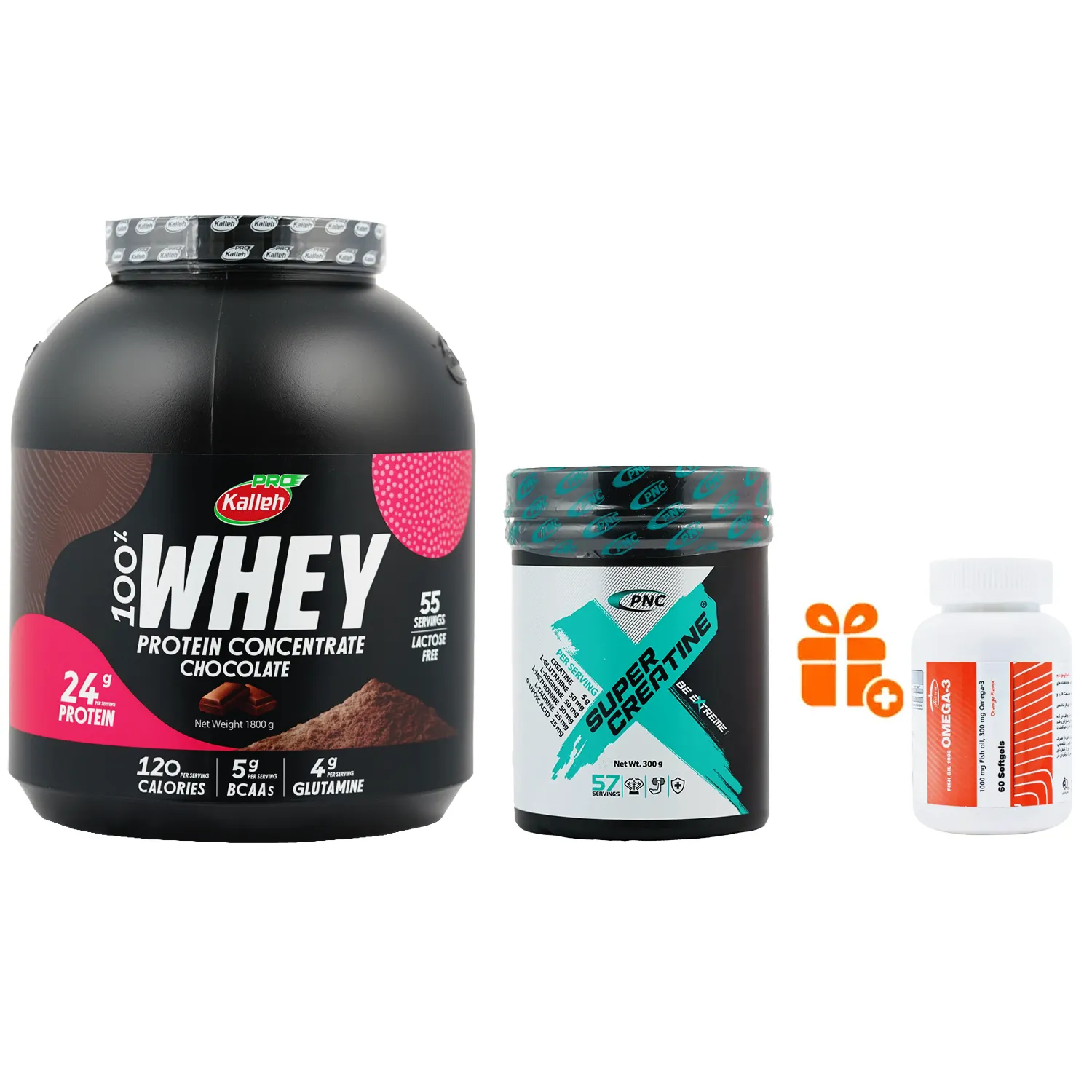 پودر پروتئین وی کاله 1800 گرم + پودر سوپر کراتین کارن PNC 300 گرمی + هدیه: سافت ژل امگا 3 کارن 60 عددی