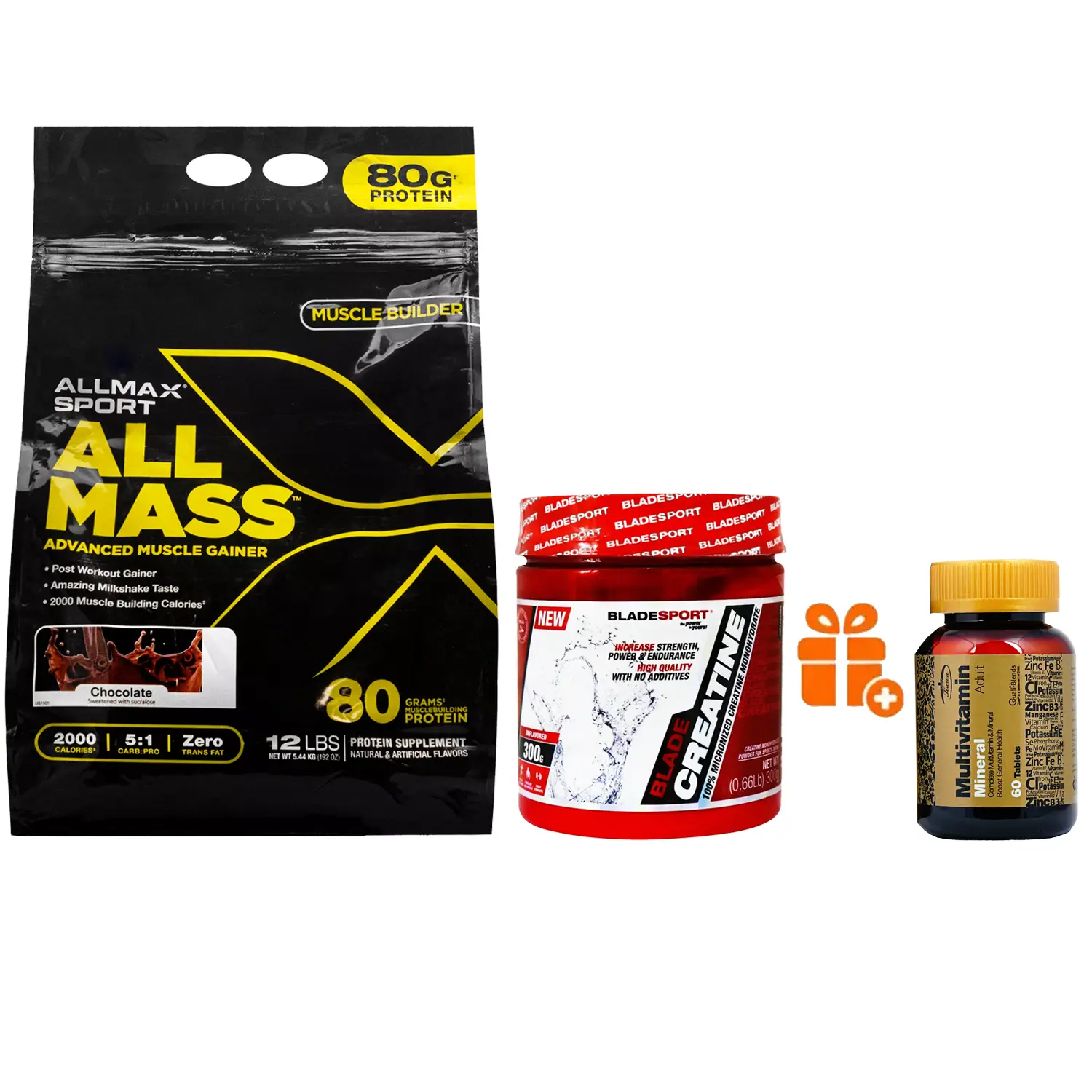 ماسل گینر آلمکس مدل آل مس ۵۴۴۰ گرم شکلاتی + پودر کراتین بلید اسپرت وزن 300 گرم + هدیه: قرص مولتی ویتامین مینرال کارن بسته 60 عددی