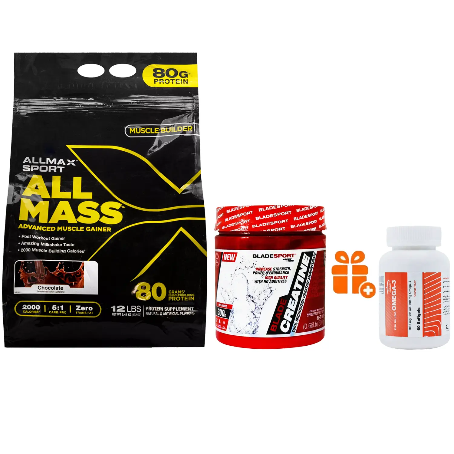 ماسل گینر آلمکس مدل آل مس ۵۴۴۰ گرم شکلاتی + پودر کراتین بلید اسپرت وزن 300 گرم + هدیه: سافت ژل امگا 3 کارن بسته 60 عددی