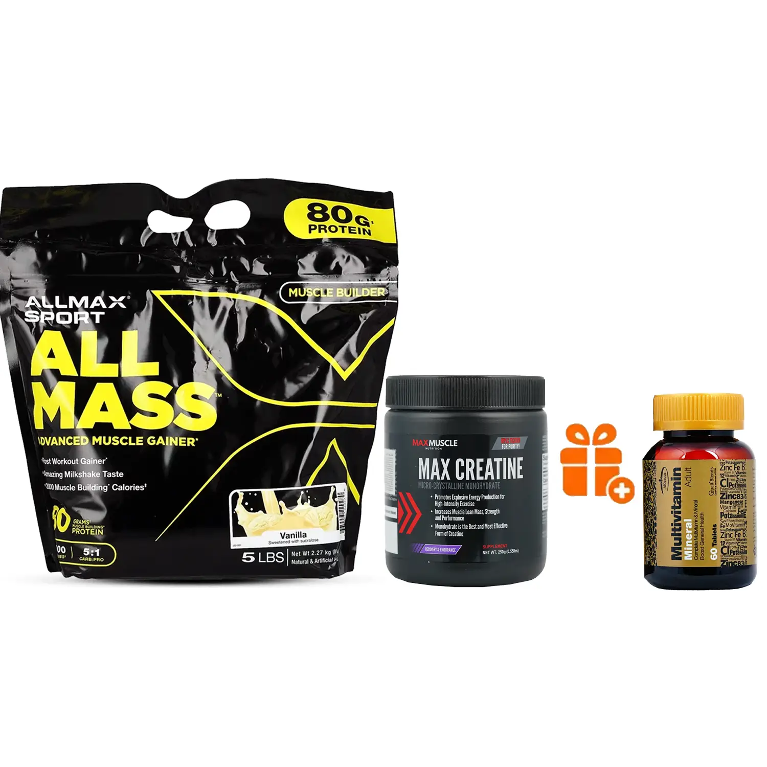 پودر ماسل گینر آل مس آلمکس وزن 2270 گرم + پودر مکس کراتین مکس ماسل وزن 250 گرم + هدیه: قرص مولتی ویتامین مینرال کارن بسته 60 عددی
