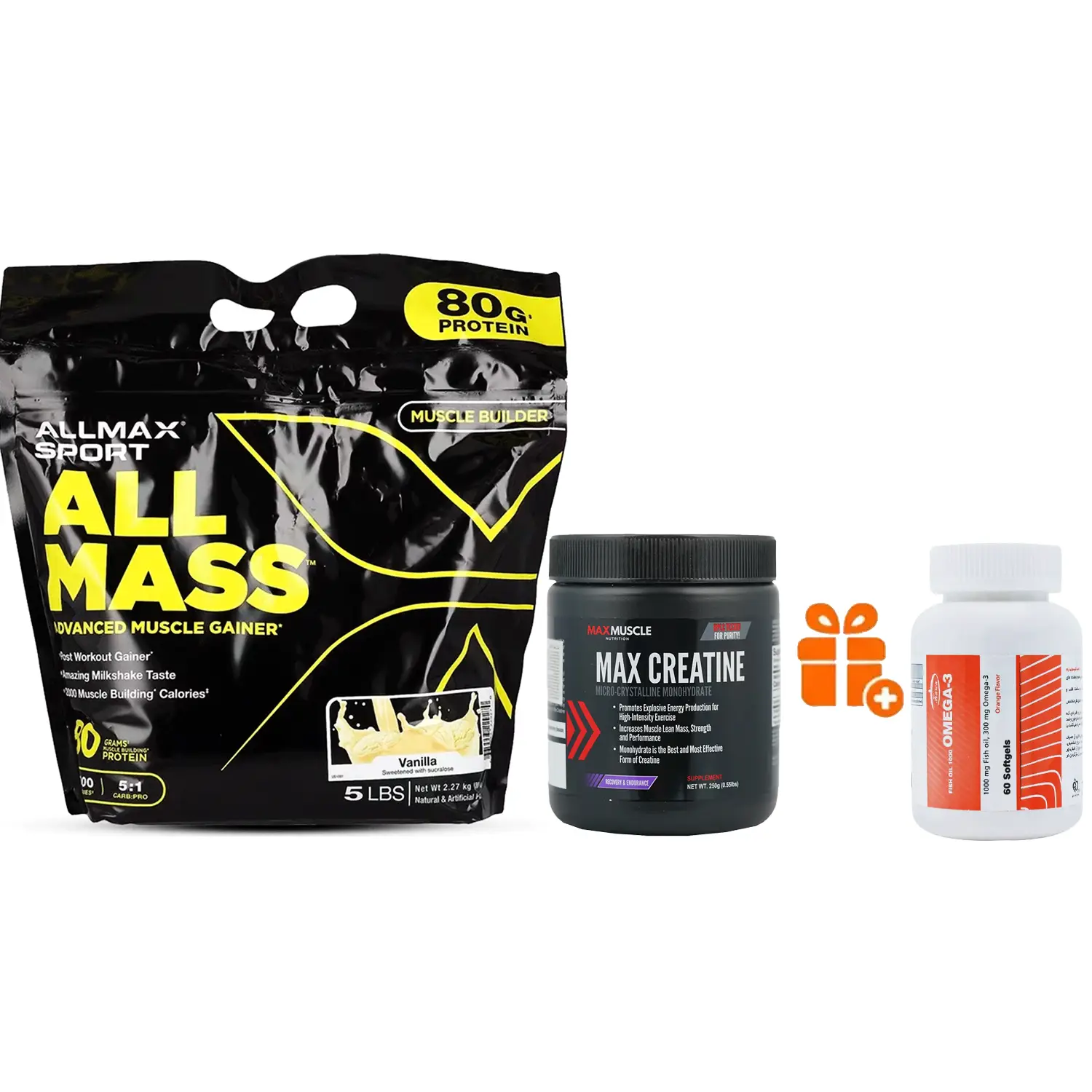 پودر ماسل گینر آل مس آلمکس وزن 2270 گرم + پودر مکس کراتین مکس ماسل وزن 250 گرم + هدیه: سافت ژل امگا 3 کارن بسته 60 عددی