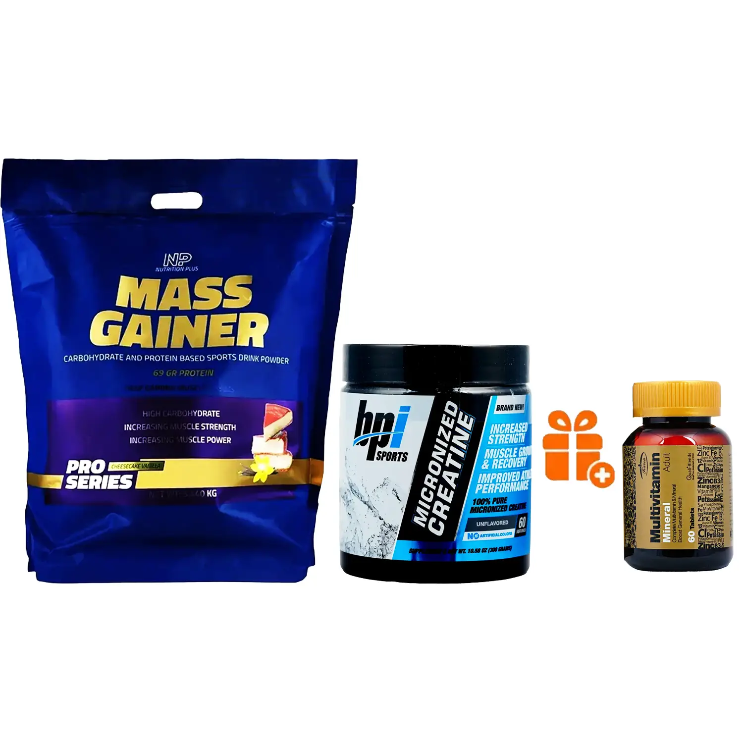 مس گینر پرو نوتریشن پلاس 5440 گرمی + پودر کراتین میکرونایزد بی پی آی اسپورت وزن 300 گرم + هدیه: قرص مولتی ویتامین مینرال کارن بسته 60 عددی