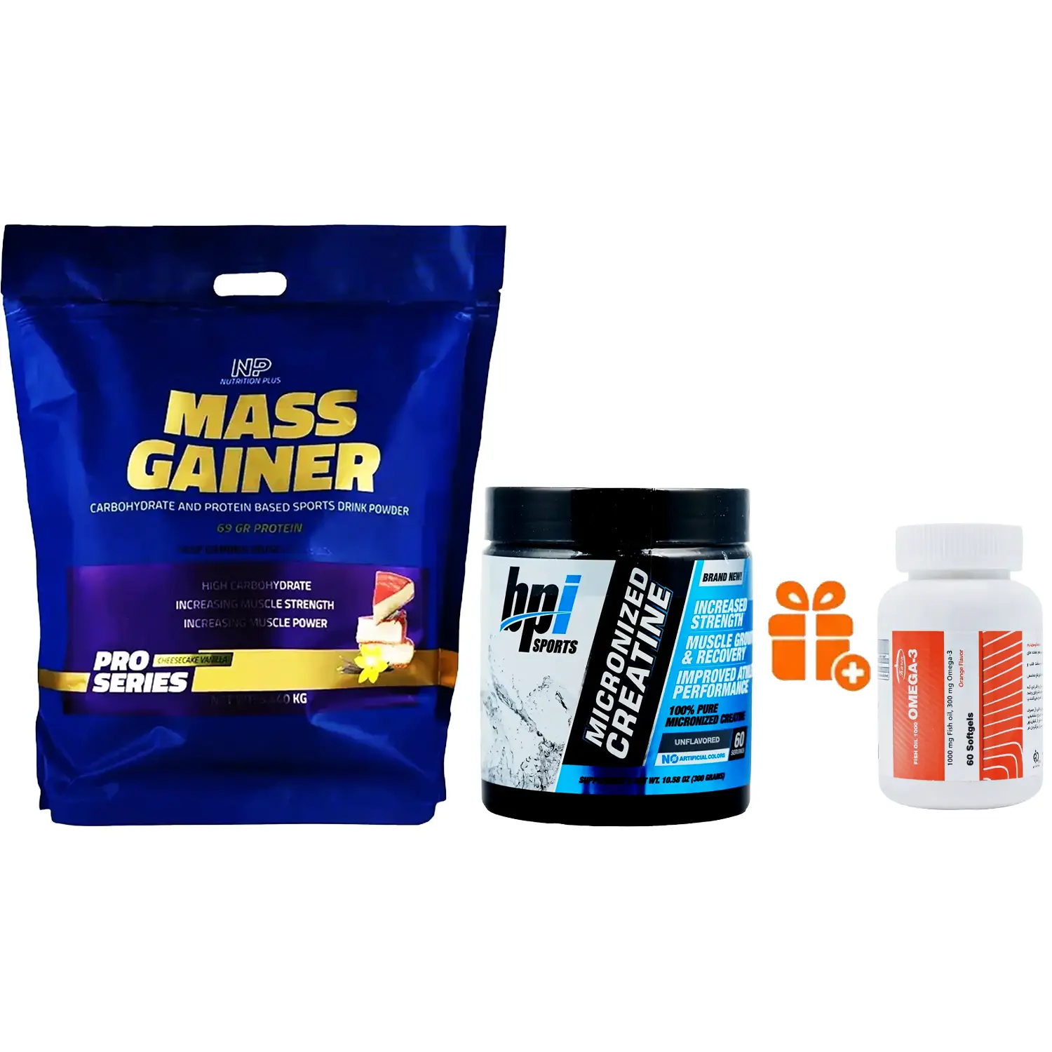 مس گینر پرو نوتریشن پلاس 5440 گرمی + پودر کراتین میکرونایزد بی پی آی اسپورت وزن 300 گرم + هدیه: سافت ژل امگا 3 کارن بسته 60 عددی