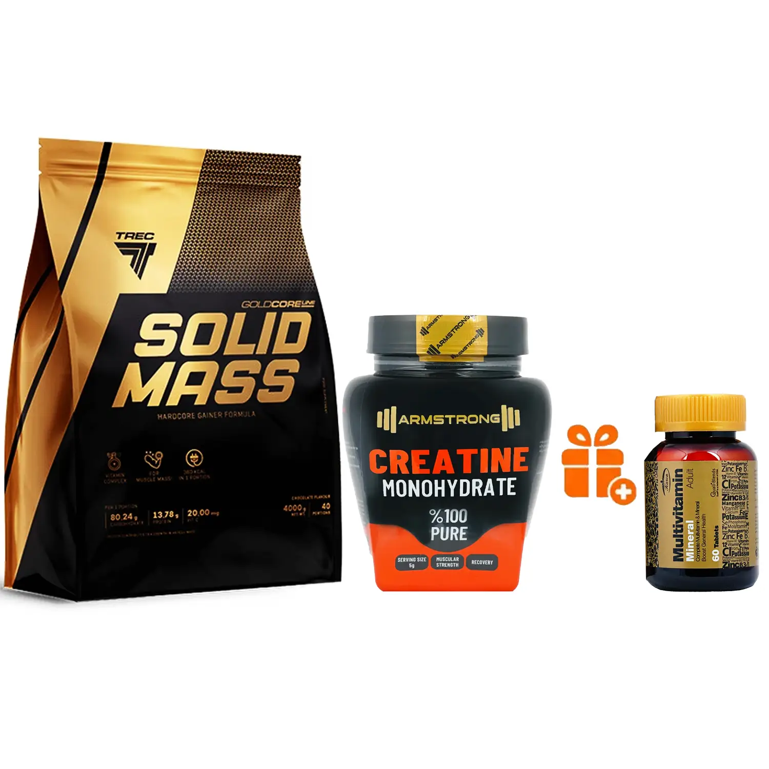 کراتین مونوهیدرات آرمسترانگ وزن 500 گرم + پودر گینر سالید مس ترک نوتریشن وزن 4000 گرم + هدیه: قرص مولتی ویتامین مینرال کارن بسته 60 عددی
