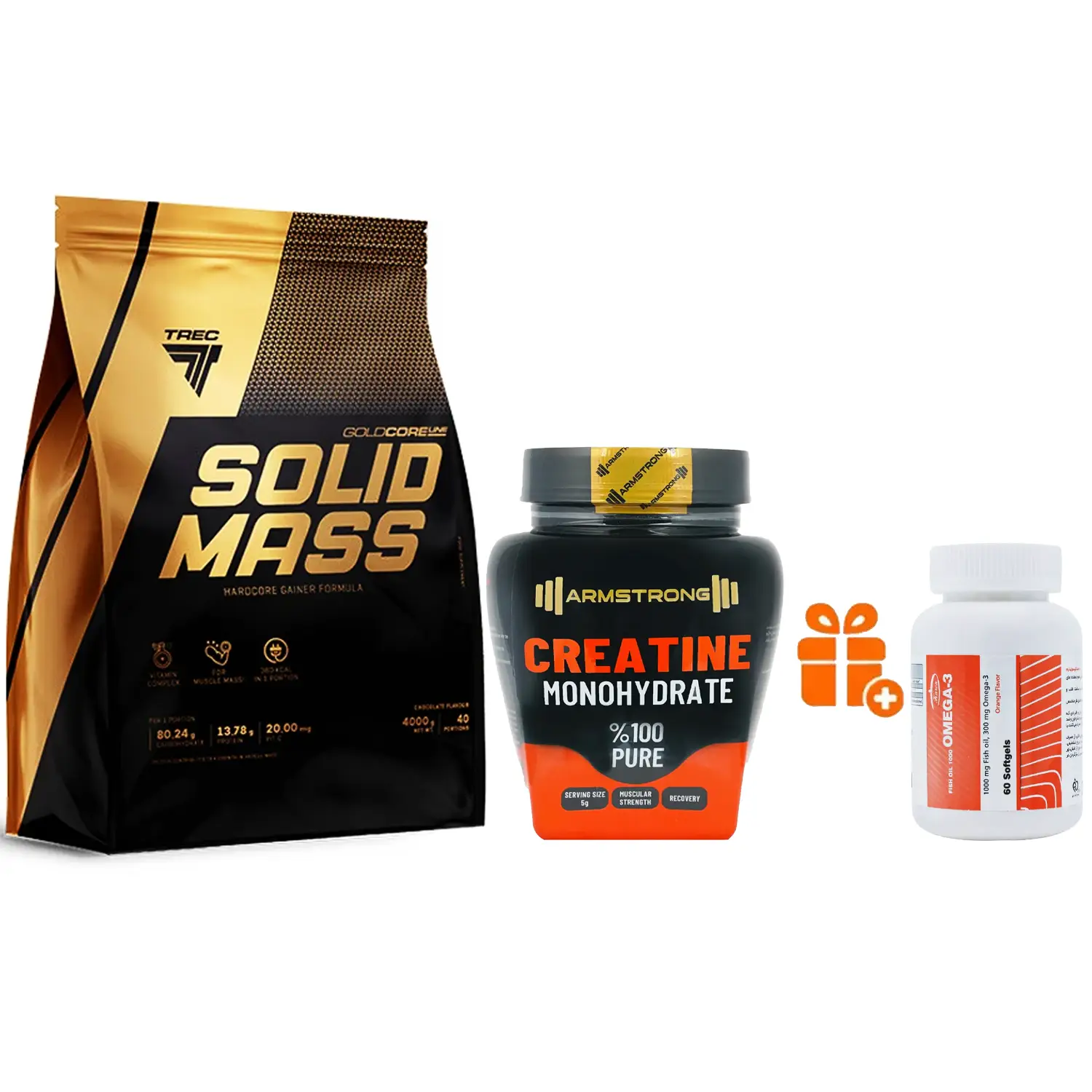 کراتین مونوهیدرات آرمسترانگ وزن 500 گرم + پودر گینر سالید مس ترک نوتریشن وزن 4000 گرم + هدیه: سافت ژل امگا 3 کارن بسته 60 عددی
