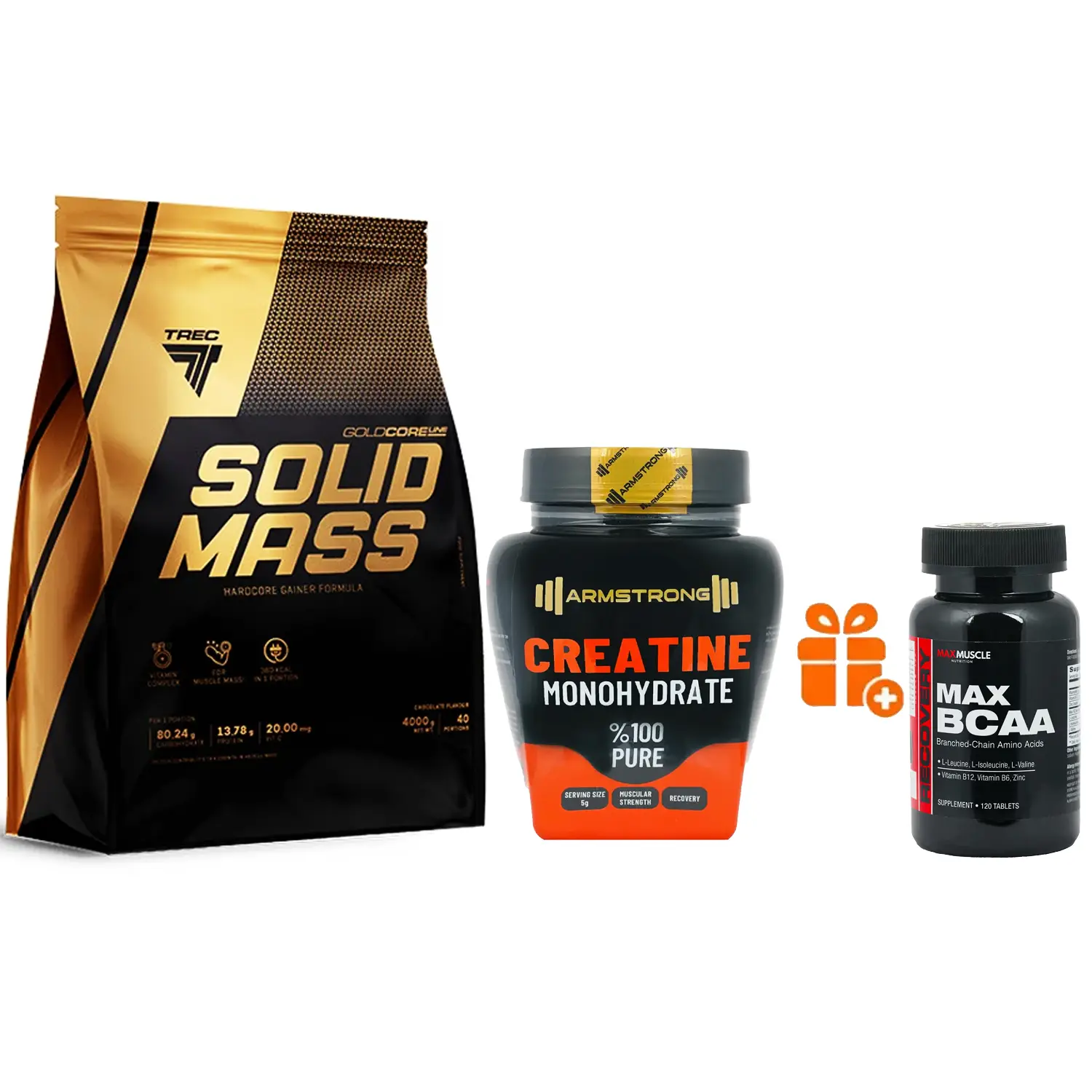 کراتین مونوهیدرات آرمسترانگ وزن 500 گرم + پودر گینر سالید مس ترک نوتریشن وزن 4000 گرم + هدیه: قرص مکس بی سی ای ای مکس ماسل بسته 120 عددی