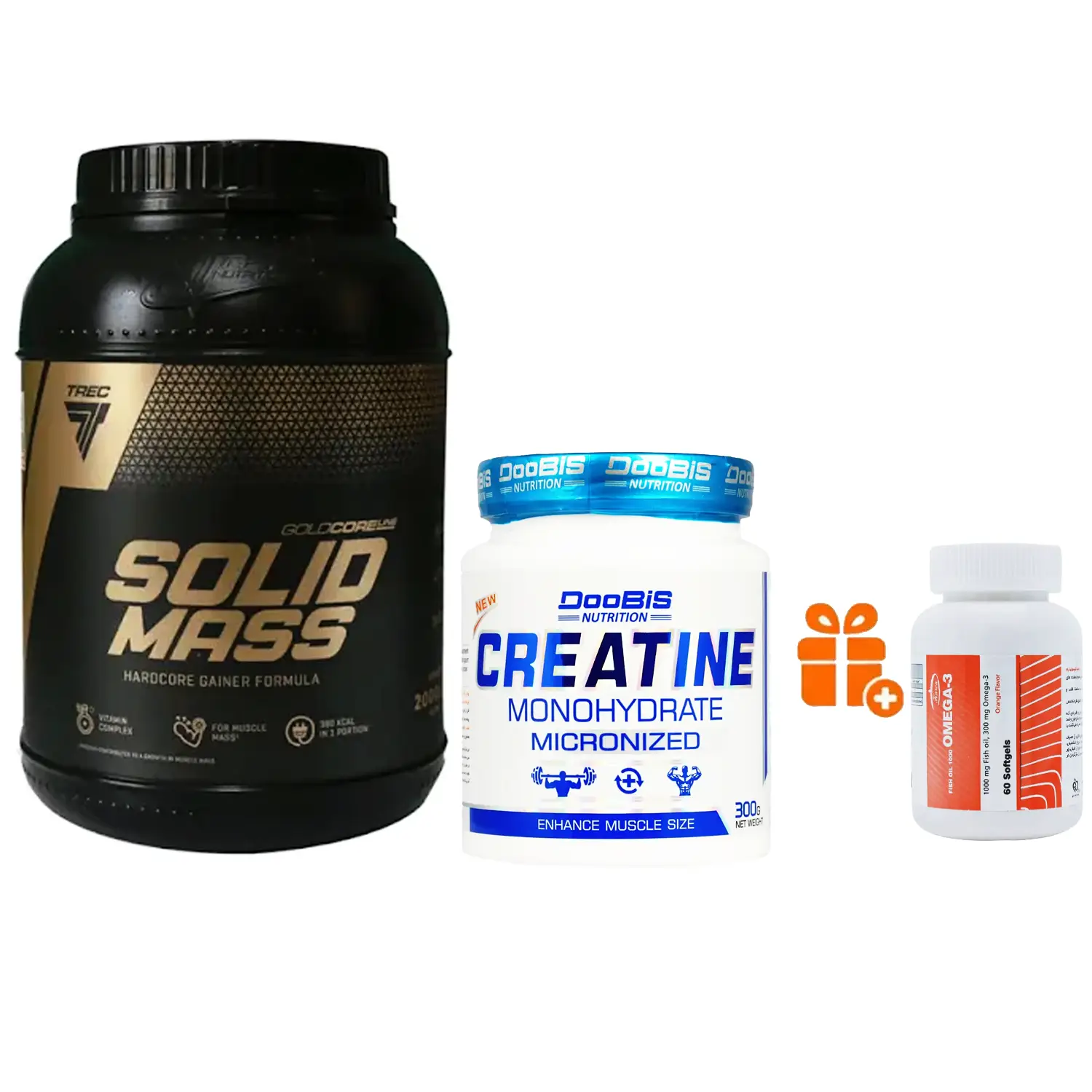 پودر سولید مس گلد ترک نوتریشن وزن 3000 گرم + پودر کراتین مونوهیدرات 100% دوبیس وزن 300 گرم + هدیه: سافت ژل امگا 3 کارن بسته 60 عددی