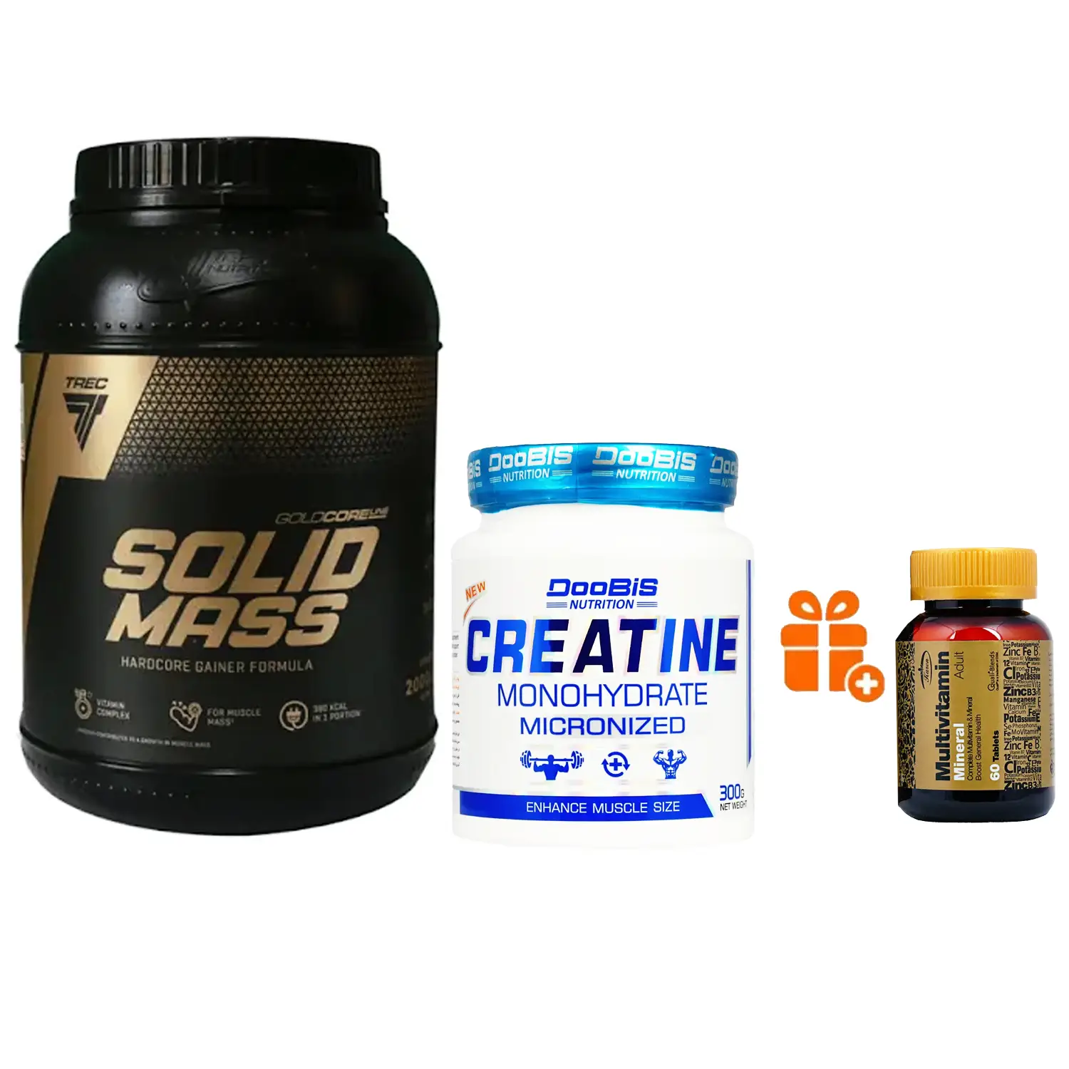 پودر سولید مس گلد ترک نوتریشن وزن 3000 گرم + پودر کراتین مونوهیدرات 100% دوبیس وزن 300 گرم + هدیه: قرص مولتی ویتامین مینرال کارن بسته 60 عددی