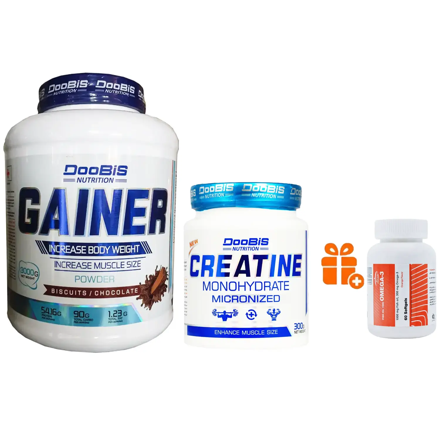 پودر گینر دوبیس وزن 3 کیلو گرم + پودر کراتین مونوهیدرات 100% دوبیس وزن 300 گرم + هدیه: سافت ژل امگا 3 کارن بسته 60 عددی