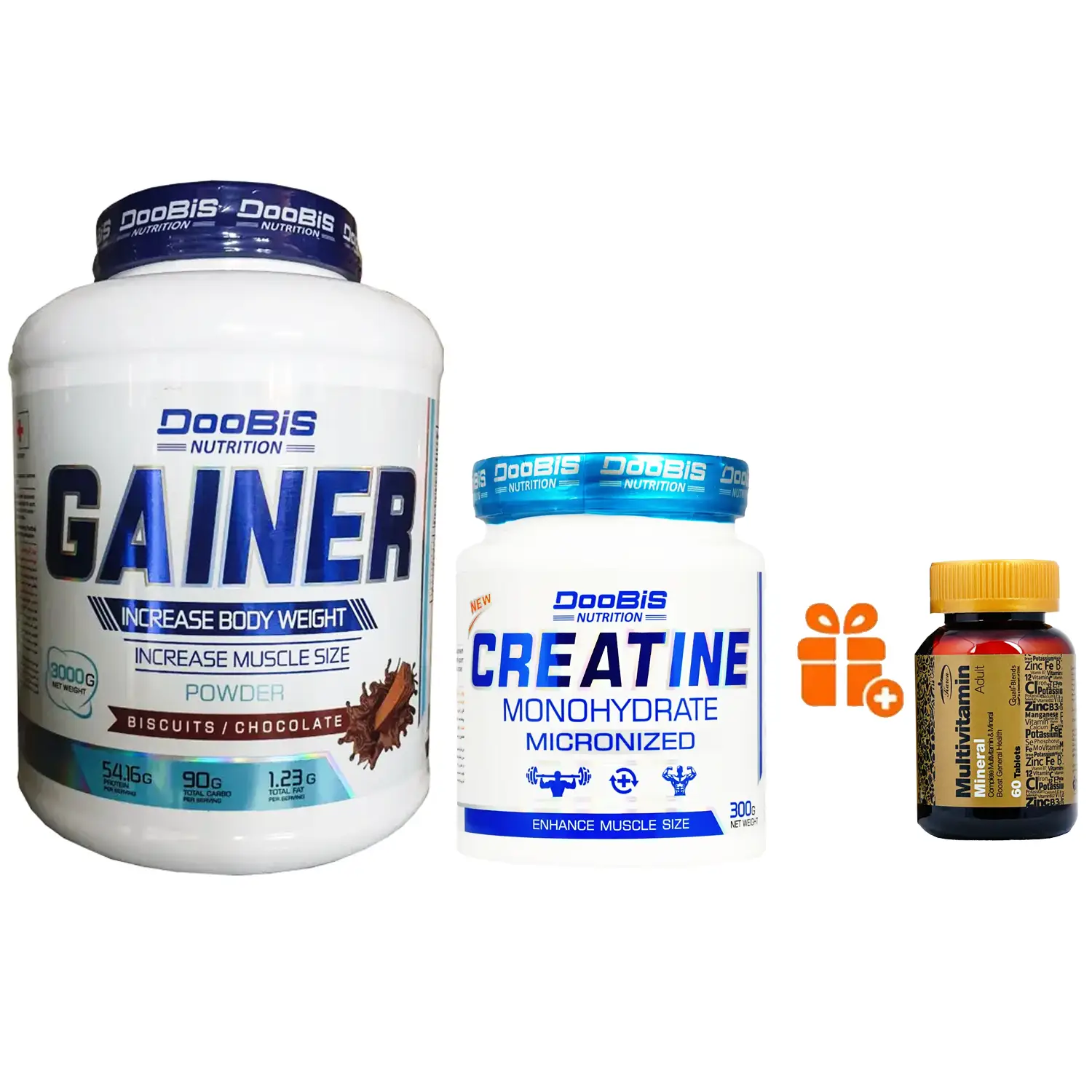پودر گینر دوبیس وزن 3 کیلو گرم + پودر کراتین مونوهیدرات 100% دوبیس وزن 300 گرم + هدیه: قرص مولتی ویتامین مینرال کارن بسته 60 عددی