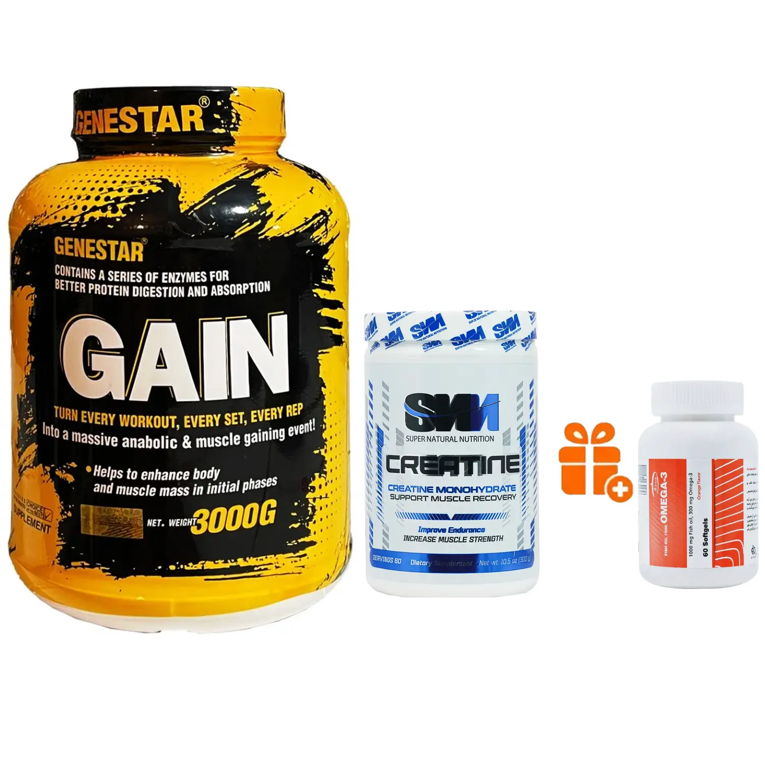 پودر گینر ژن استار وزن 3000 گرم + پودر کراتین مونوهیدرات اس ان ان وزن 300 گرم + هدیه: سافت ژل امگا 3 کارن بسته 60 عددی