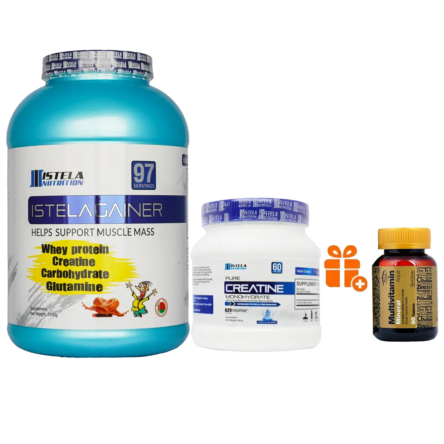 پودر گینر استلا نوتریشن وزن 3100 گرم + پودر کراتین مونوهیدرات استلا نوتریشن وزن 300 گرم + هدیه: قرص مولتی ویتامین مینرال کارن بسته 60 عددی