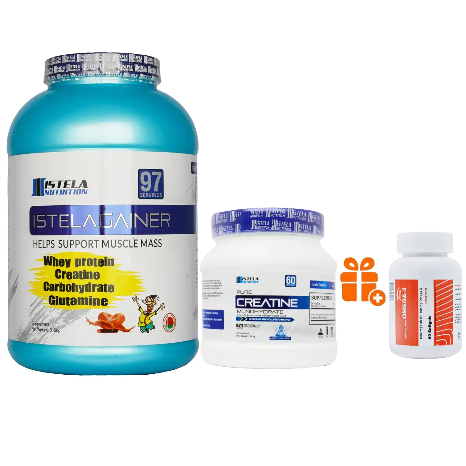 پودر گینر استلا نوتریشن وزن 3100 گرم + پودر کراتین مونوهیدرات استلا نوتریشن وزن 300 گرم + هدیه: سافت ژل امگا 3 کارن بسته 60 عددی
