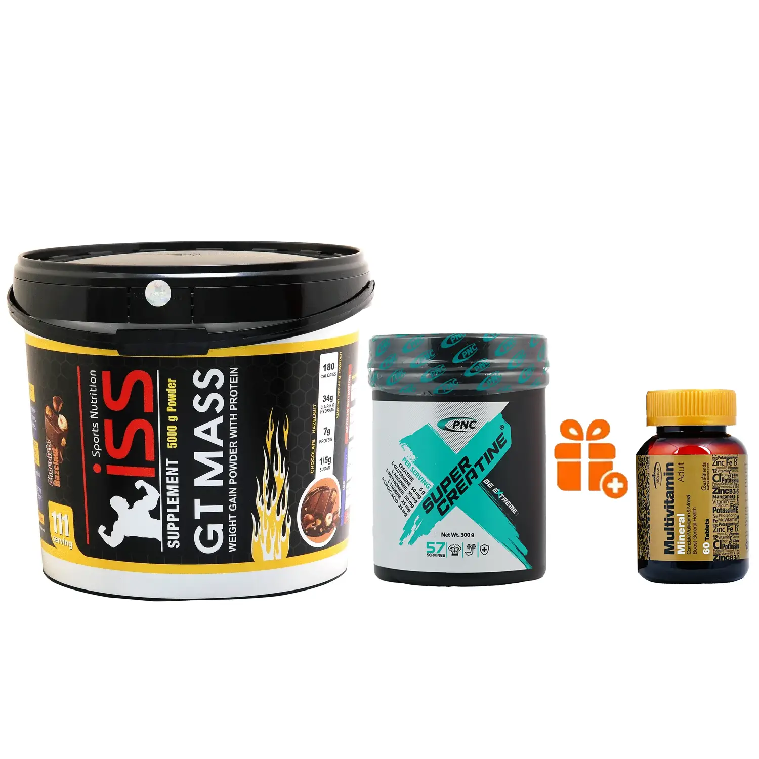 پودر جی تی مس آی اس اس با طعم شکلات فندق وزن 5000 گرم + پودر سوپر کراتین کارن وزن 300 گرم + هدیه: قرص مولتی ویتامین مینرال کارن بسته 60 عددی