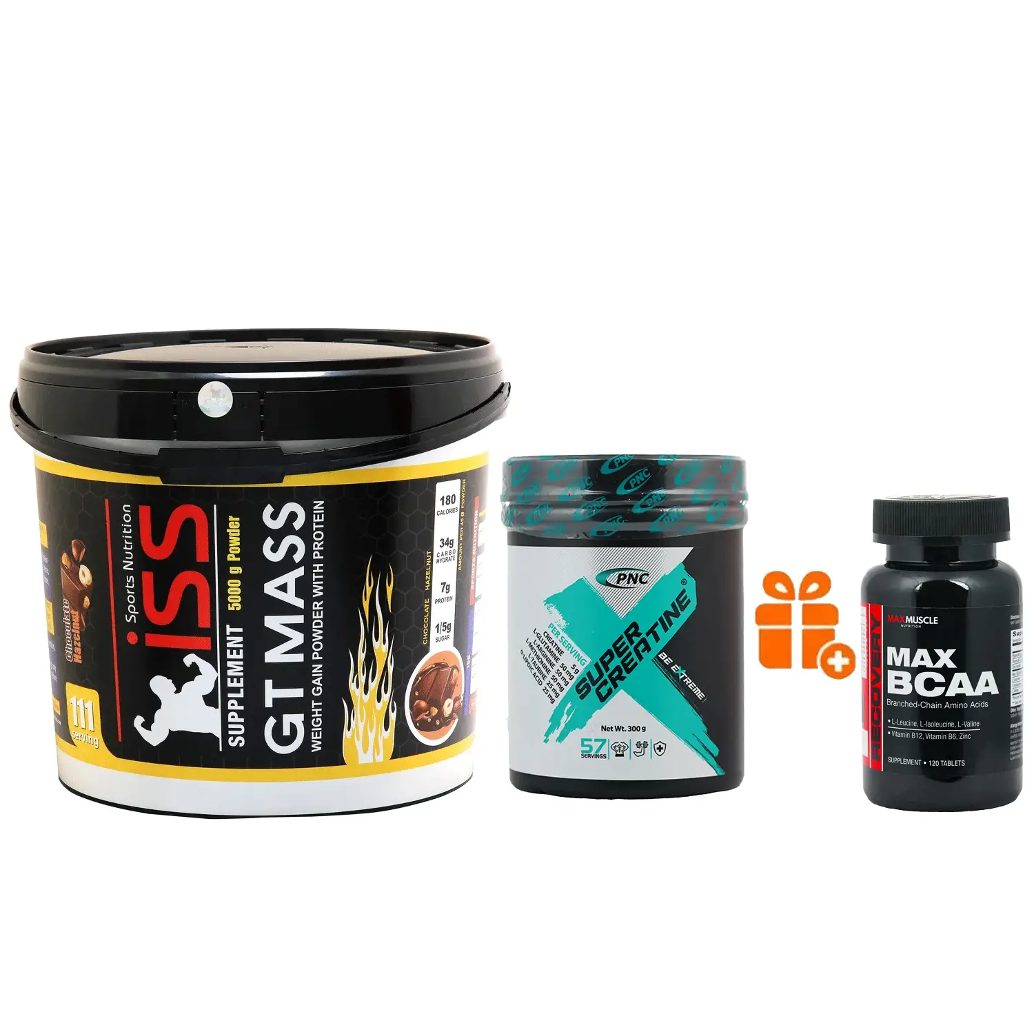 پودر جی تی مس آی اس اس با طعم شکلات فندق وزن 5000 گرم + پودر سوپر کراتین کارن وزن 300 گرم + هدیه: قرص مکس بی سی ای ای مکس ماسل بسته 120 عددی