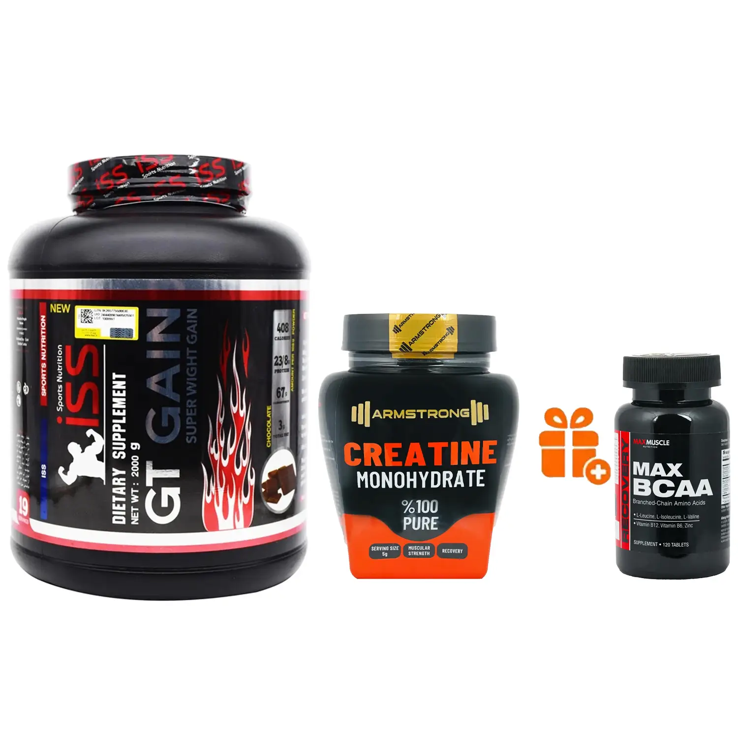 پودر جی تی گین آی اس اس وزن 2000 گرم + کراتین مونوهیدرات آرمسترانگ وزن 500 گرم + هدیه: قرص مکس بی سی ای ای مکس ماسل بسته 120 عددی