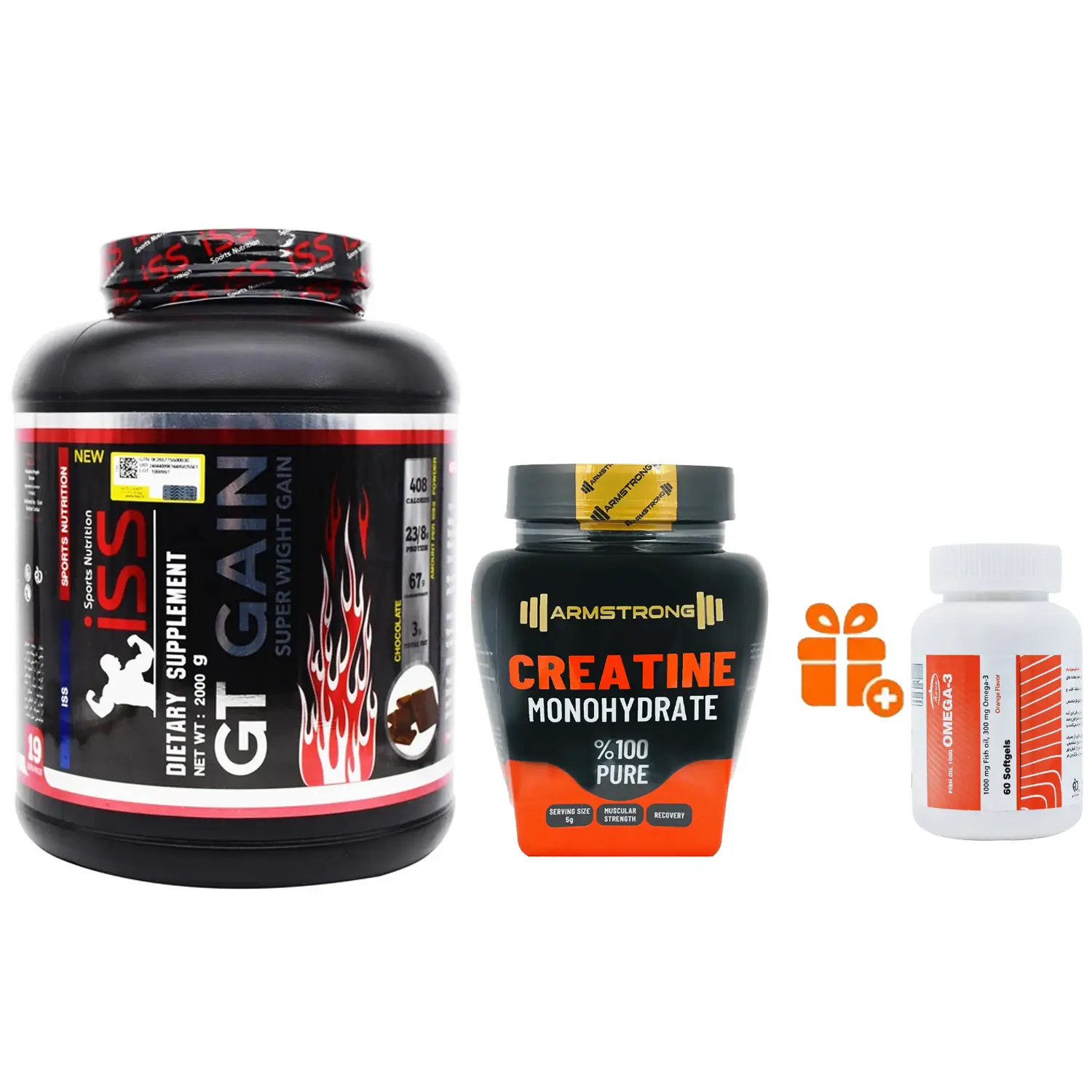 پودر جی تی گین آی اس اس وزن 2000 گرم + کراتین مونوهیدرات آرمسترانگ وزن 500 گرم + هدیه: سافت ژل امگا 3 کارن بسته 60 عددی