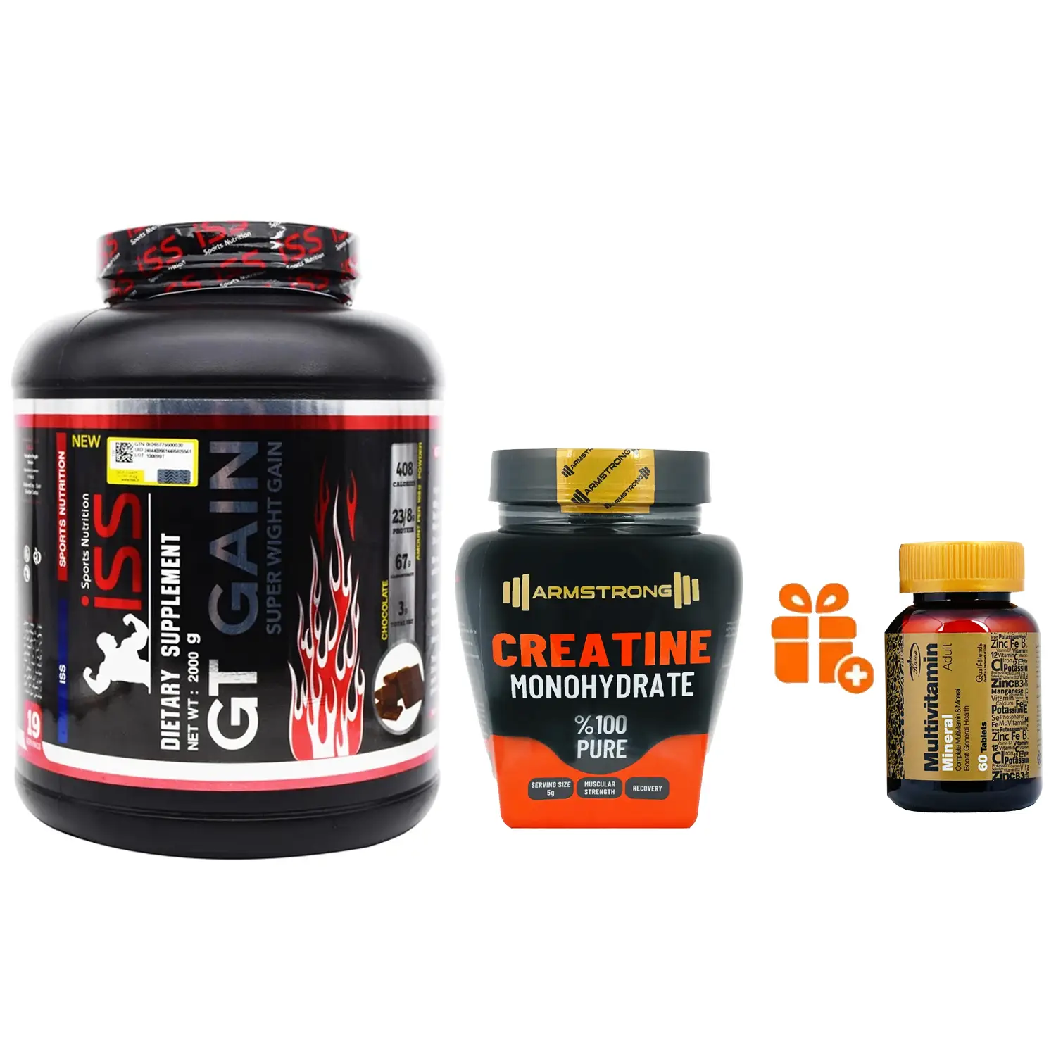 پودر جی تی گین آی اس اس وزن 2000 گرم + کراتین مونوهیدرات آرمسترانگ وزن 500 گرم + هدیه: قرص مولتی ویتامین مینرال کارن بسته 60 عددی