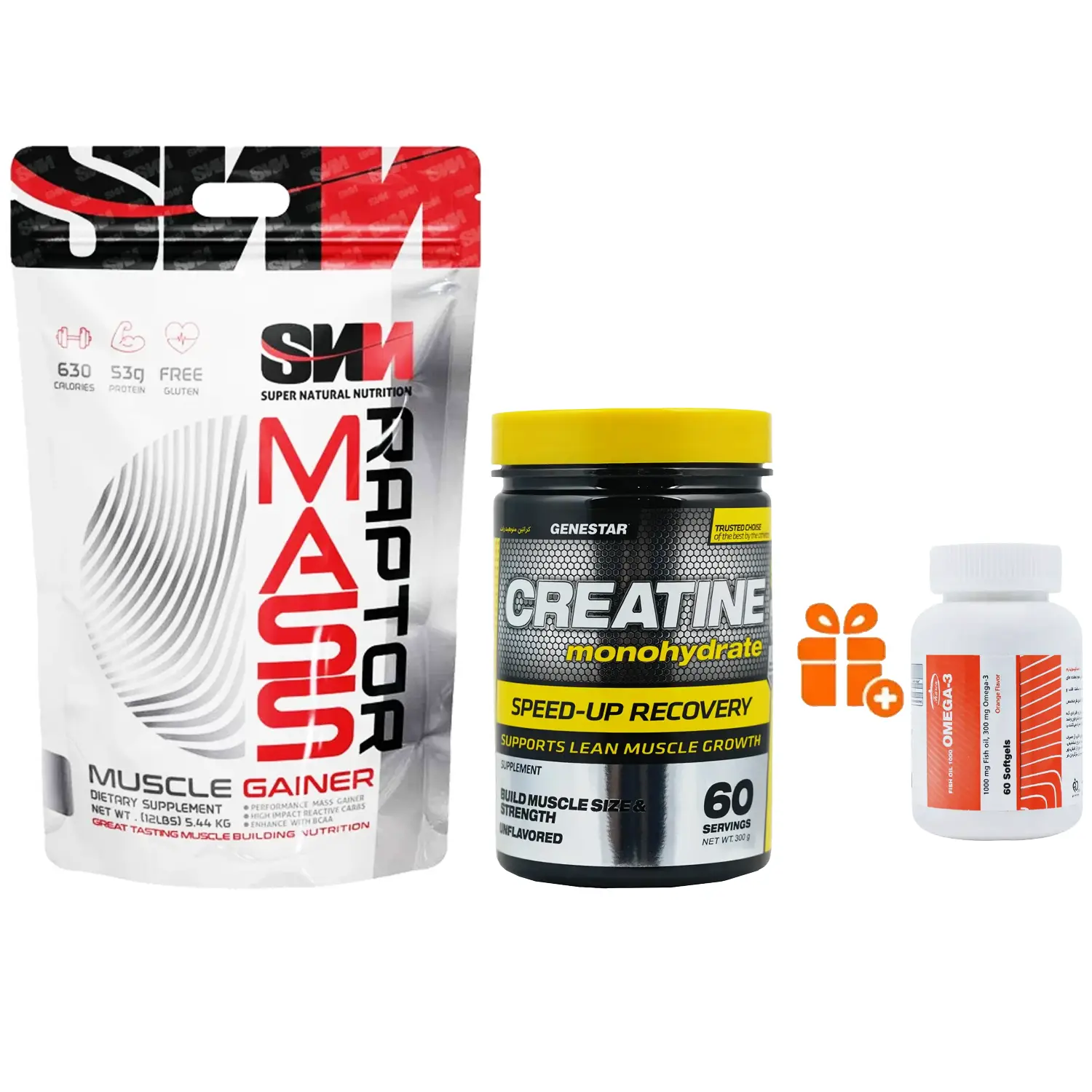 پودر گینر رپتور مس اس ان ان وزن 5440 گرم + پودر کراتین مونوهیدرات ژن استار وزن 300 گرم + هدیه: سافت ژل امگا 3 کارن بسته 60 عددی