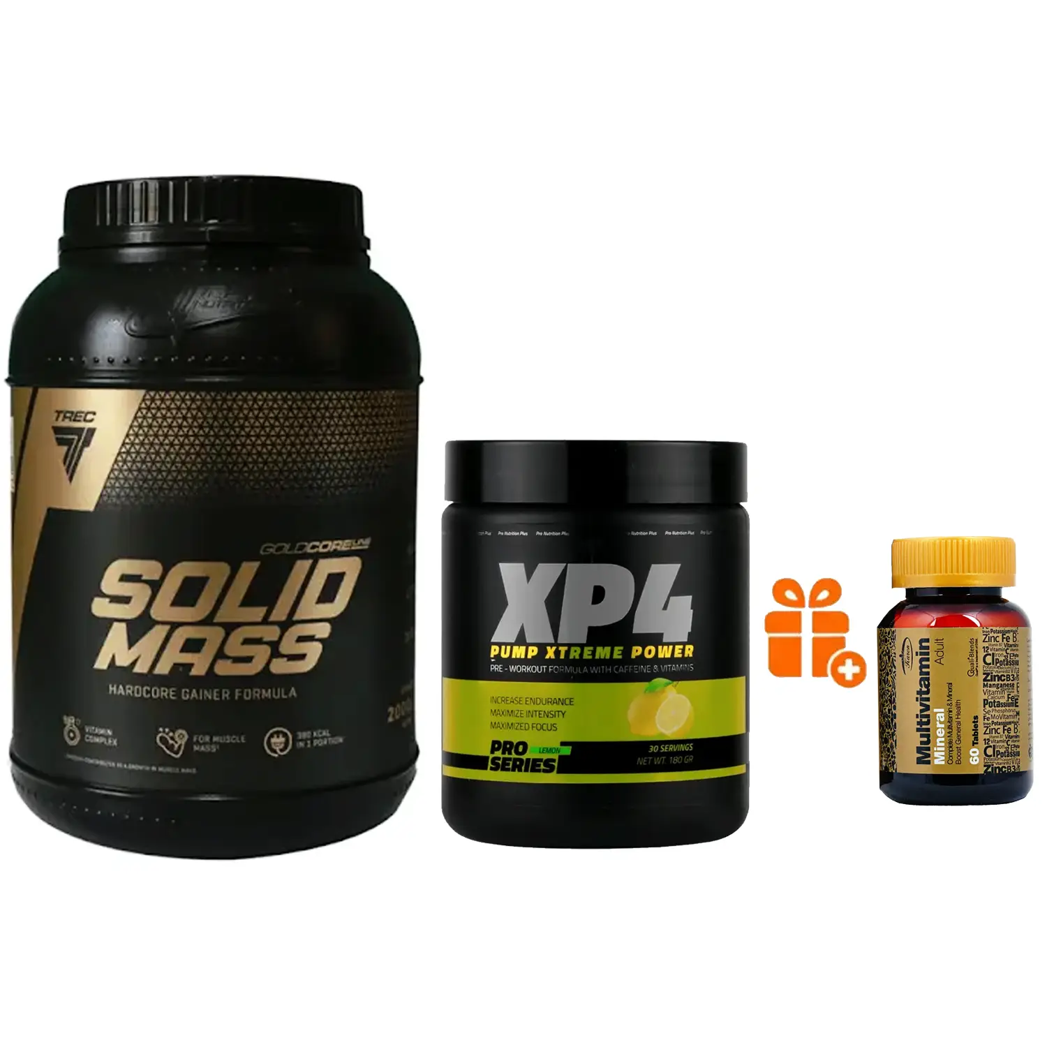 پودر پمپ اکس پی 4 نوتریشن پلاس وزن 180 گرم + پودر سولید مس گلد ترک نوتریشن شکلاتی 3000 گرم + هدیه: قرص مولتی ویتامین مینرال کارن بسته 60 عددی