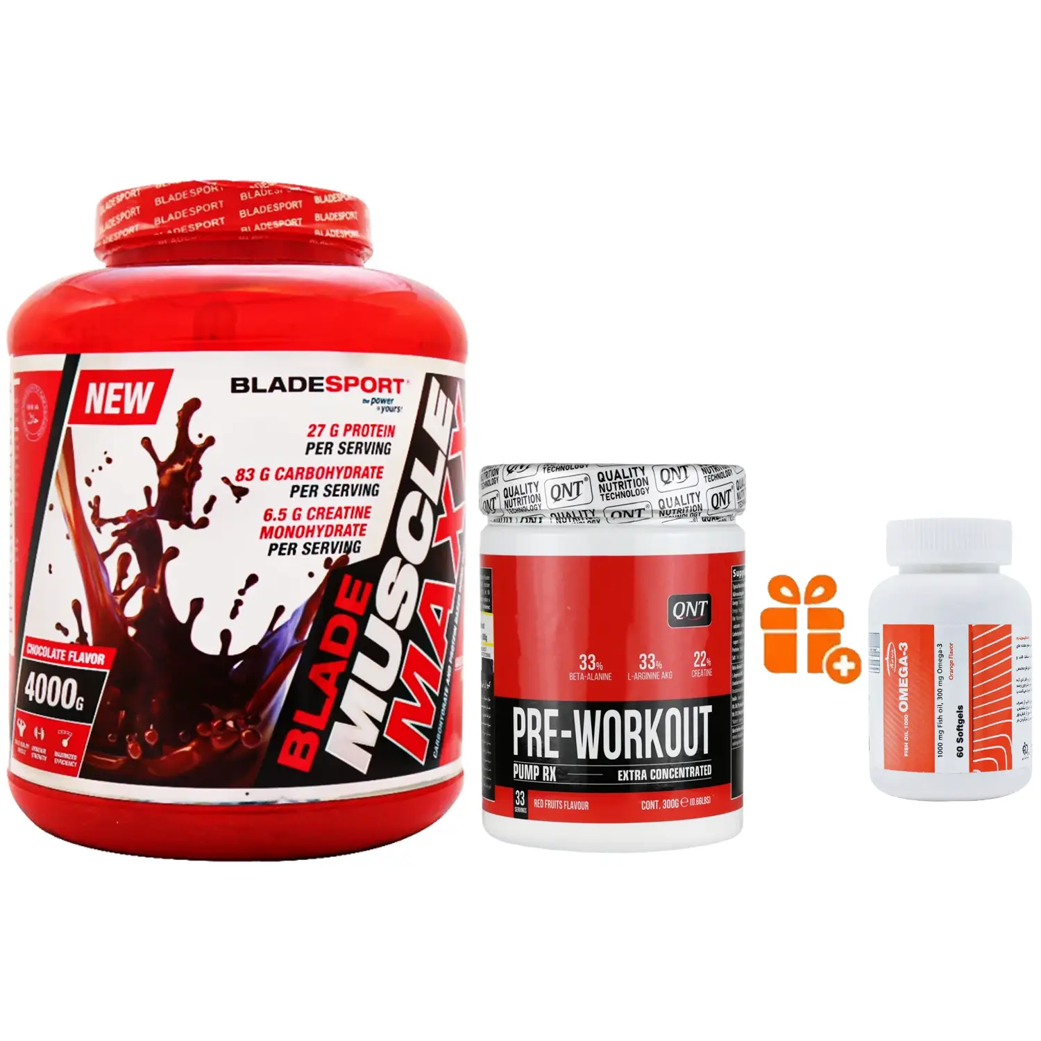 گینر ماسل مکس بلید اسپرت وزن 4000 گرم + پودر پری ورک اوت کیو ان تی پمپ وزن 300 گرم + هدیه: سافت ژل امگا 3 کارن بسته 60 عددی