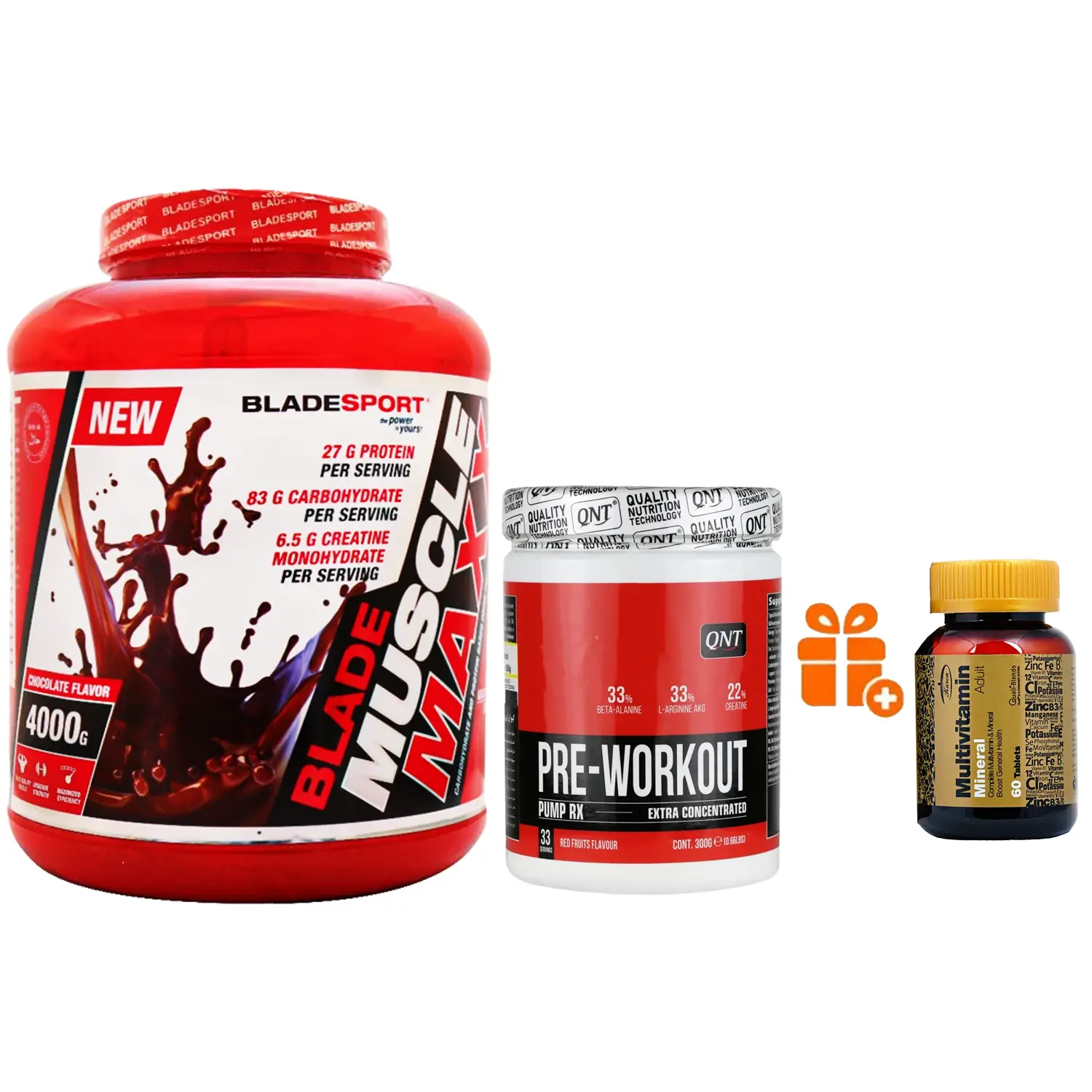 گینر ماسل مکس بلید اسپرت وزن 4000 گرم + پودر پری ورک اوت کیو ان تی پمپ وزن 300 گرم + هدیه: قرص مولتی ویتامین مینرال کارن بسته 60 عددی