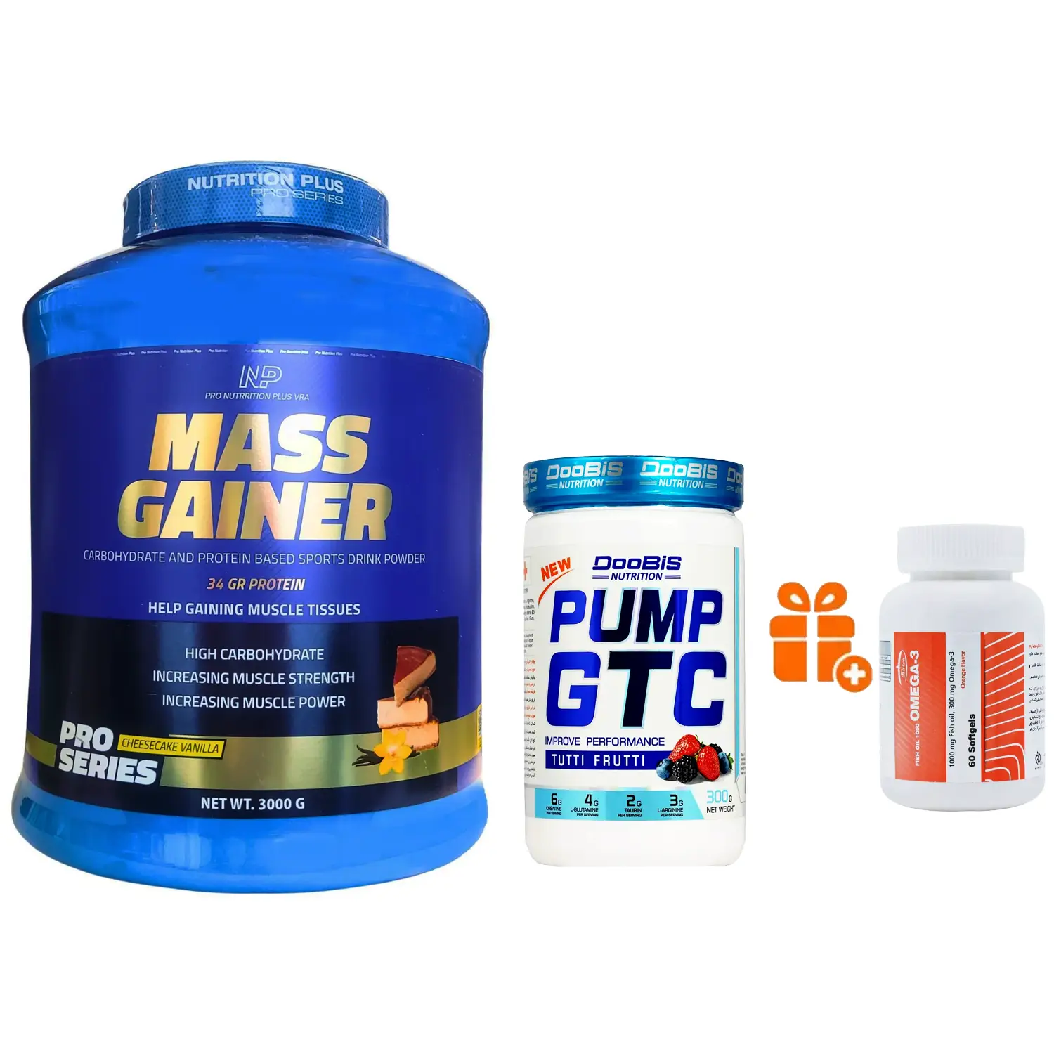 پودر مس گینر نوتریشن پلاس وزن 3 کیلوگرم + پودر پمپ جی تی سی دوبیس وزن 300 گرم + هدیه: سافت ژل امگا 3 کارن بسته 60 عددی