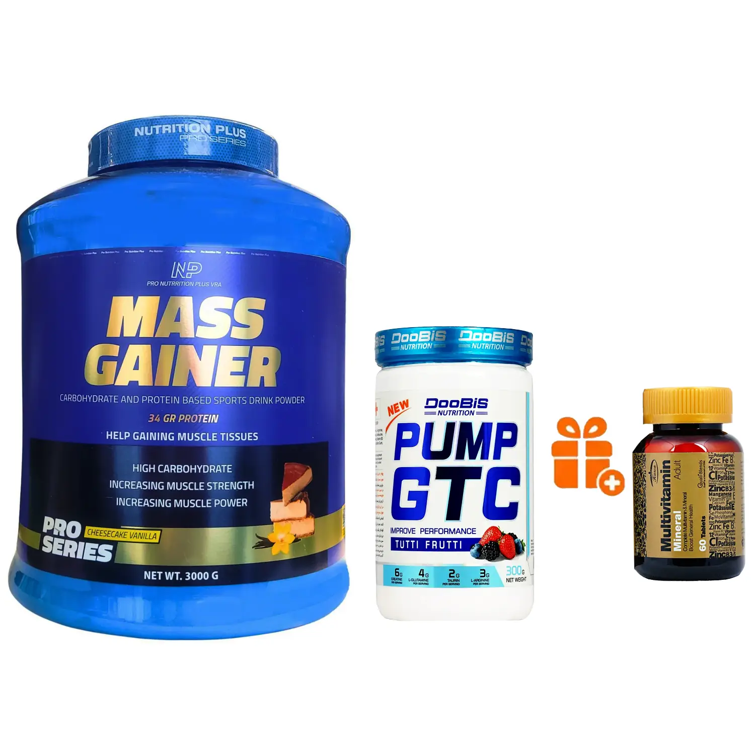 پودر مس گینر نوتریشن پلاس وزن 3 کیلوگرم + پودر پمپ جی تی سی دوبیس وزن 300 گرم + هدیه: قرص مولتی ویتامین مینرال کارن بسته 60 عددی