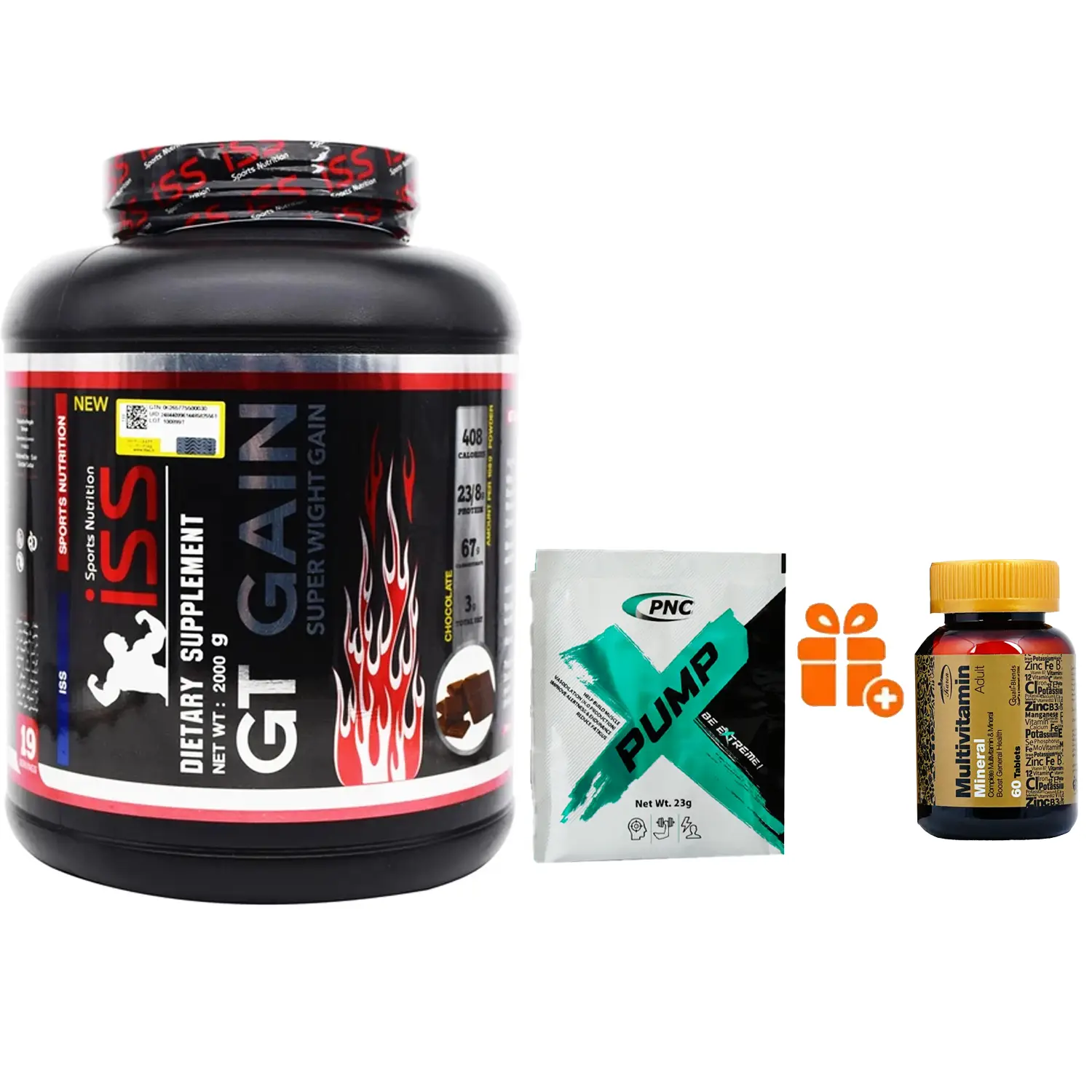 پودر جی تی گین آی اس اس وزن 2000 گرم + پودر پمپ بیوکراتین ساشه ای کارن بسته 12 عددی + هدیه: قرص مولتی ویتامین مینرال کارن بسته 60 عددی