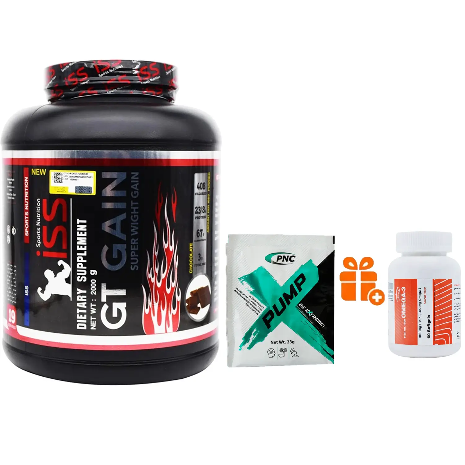 پودر جی تی گین آی اس اس وزن 2000 گرم + پودر پمپ بیوکراتین ساشه ای کارن بسته 12 عددی + هدیه: سافت ژل امگا 3 کارن بسته 60 عددی
