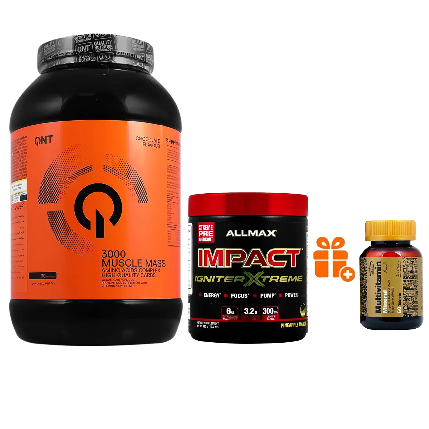 پودر ماسل مس 3000 کیو ان تی با طعم شکلات وزن 4500 گرم + پودر پمپ ایمپکت ایگنایتر اکستریم آلمکس وزن 360 گرم + هدیه: قرص مولتی ویتامین مینرال کارن بسته 60 عددی