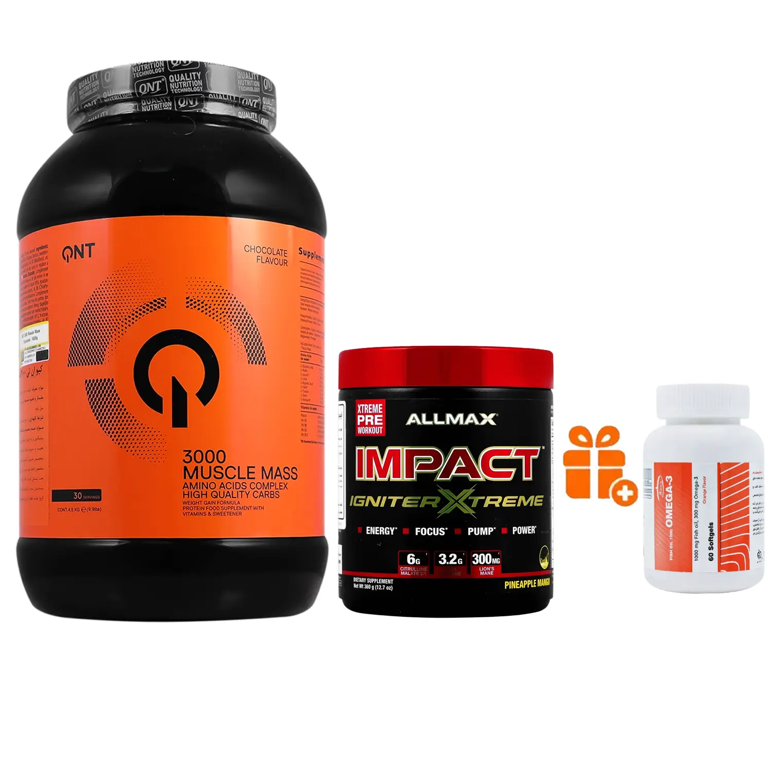 پودر ماسل مس 3000 کیو ان تی با طعم شکلات وزن 4500 گرم + پودر پمپ ایمپکت ایگنایتر اکستریم آلمکس وزن 360 گرم + هدیه: سافت ژل امگا 3 کارن بسته 60 عددی