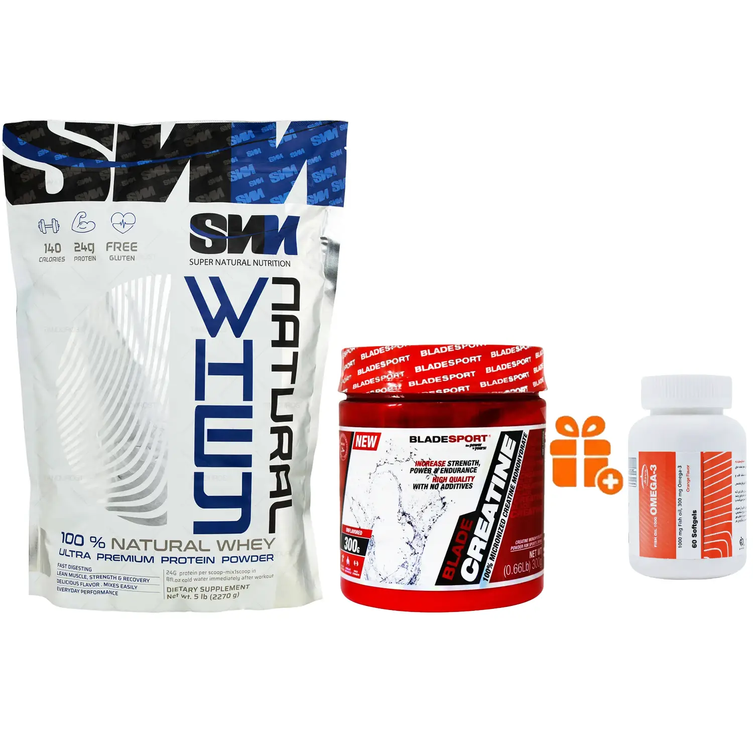 پروتئین وی کیسه ای اس ان ان وزن 2270 گرم + پودر کراتین بلید اسپرت وزن 300 گرم + هدیه: سافت ژل امگا 3 کارن بسته 60 عددی