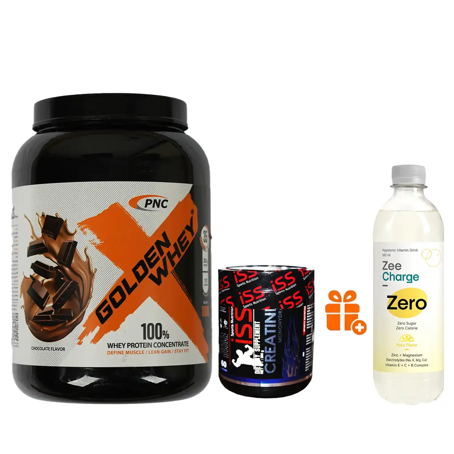 پودر پروتئین گلدن وی کارن 1000 گرم + پودر کراتین مونوهیدرات آی اس اس 300 گرم + هدیه: زی شارژ یوزو