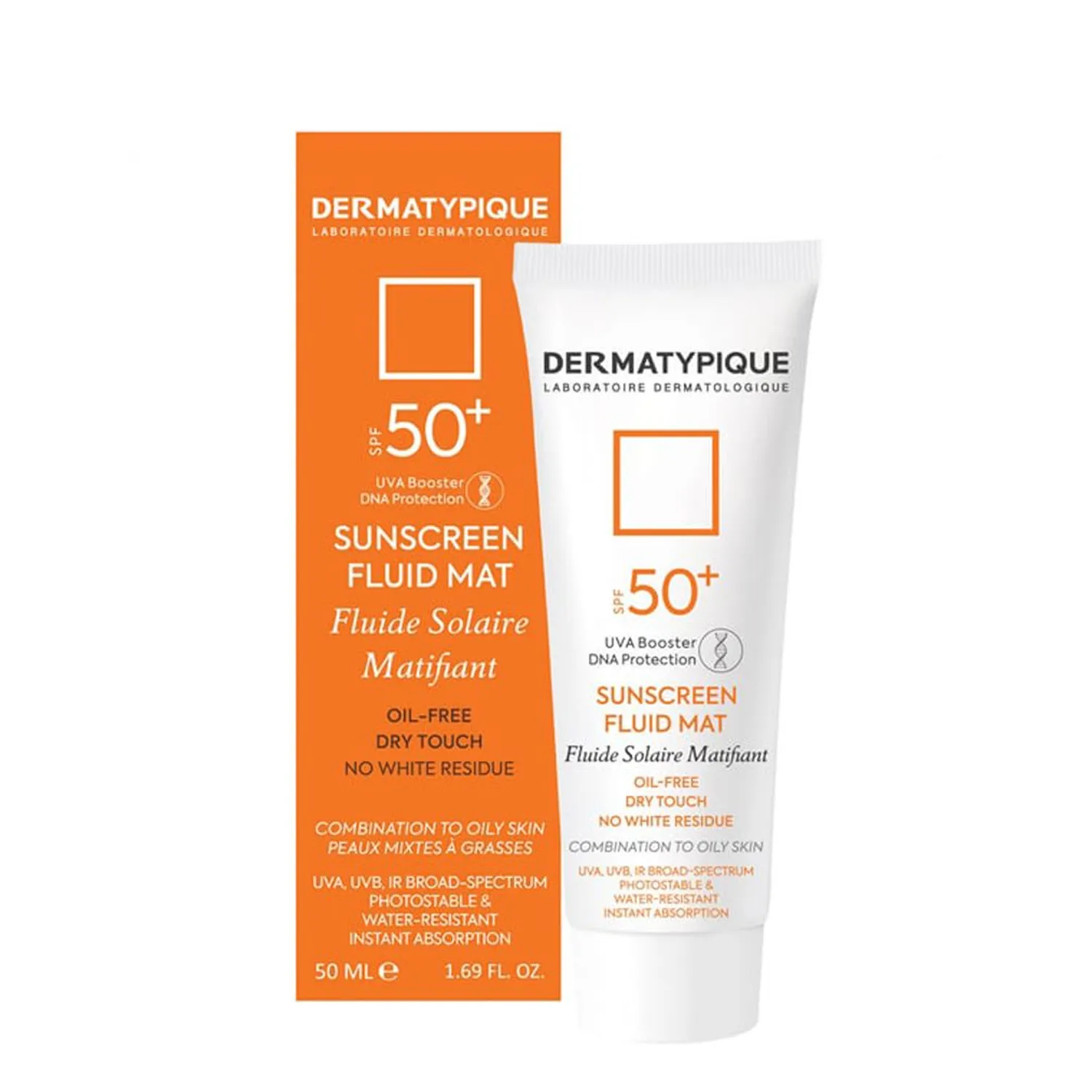 فلوئید ضد آفتاب بی‌رنگ درماتیپیک SPF50 مدل مت مناسب پوست‌های چرب و مختلط حجم 40 میلی‌لیتر