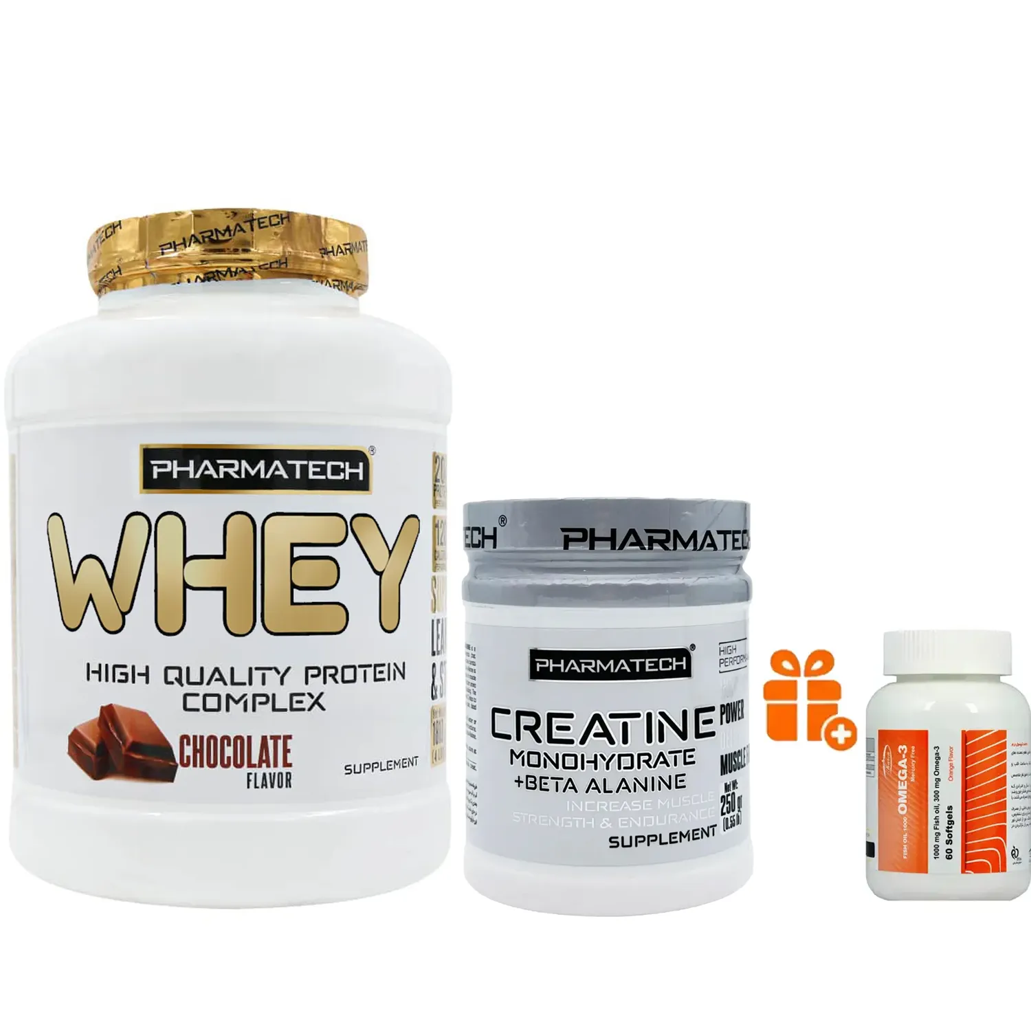 پکیج وی فارماتک شکلاتی + کراتین 300 فارماتک + هدیه امگا3 کارن